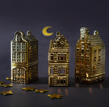 Three Gold Ceramic Tealight Dutch Houses