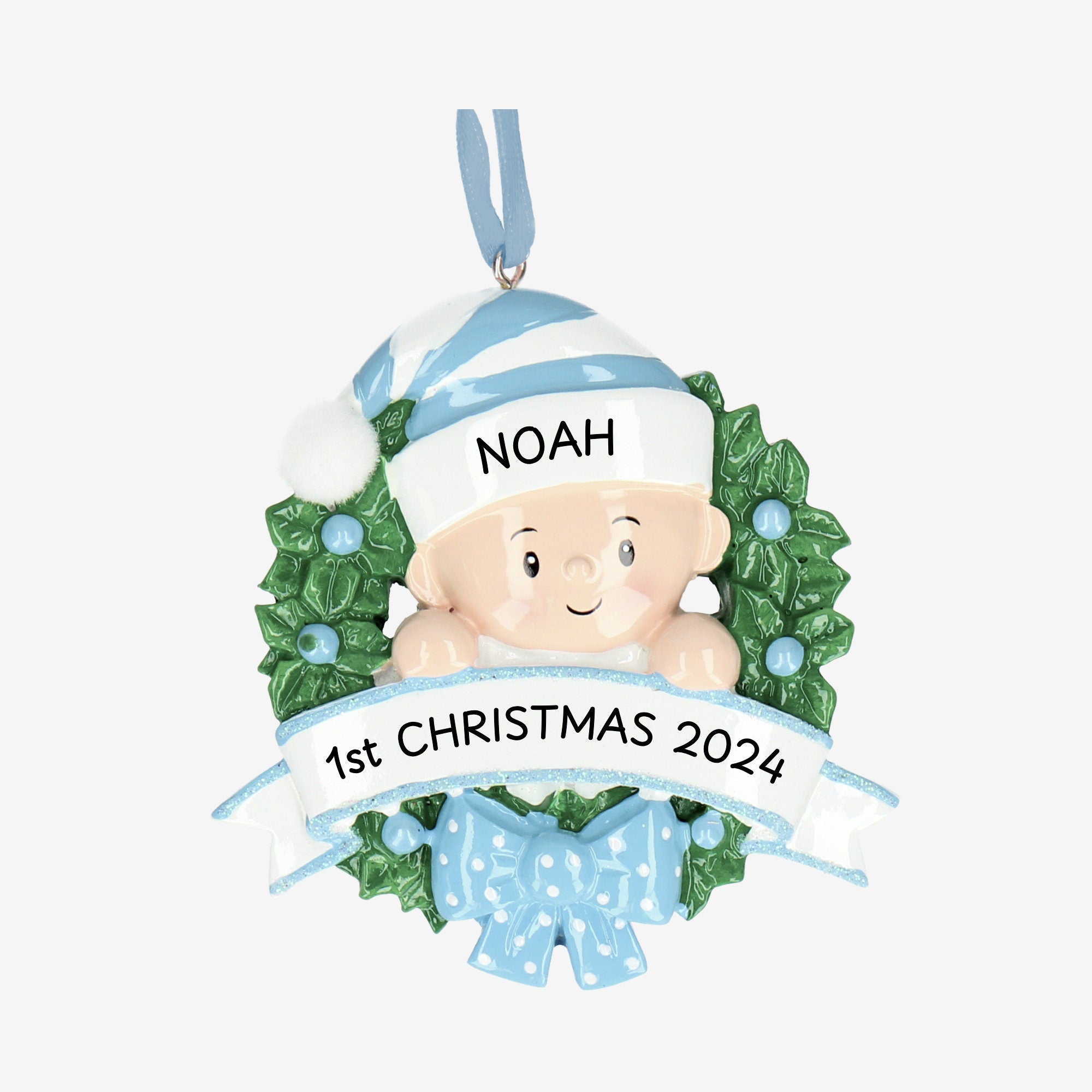 Baby 1st Christmas Bauble - Personalise with Name | Baby in a Wreath design | Christmas Decor Main image