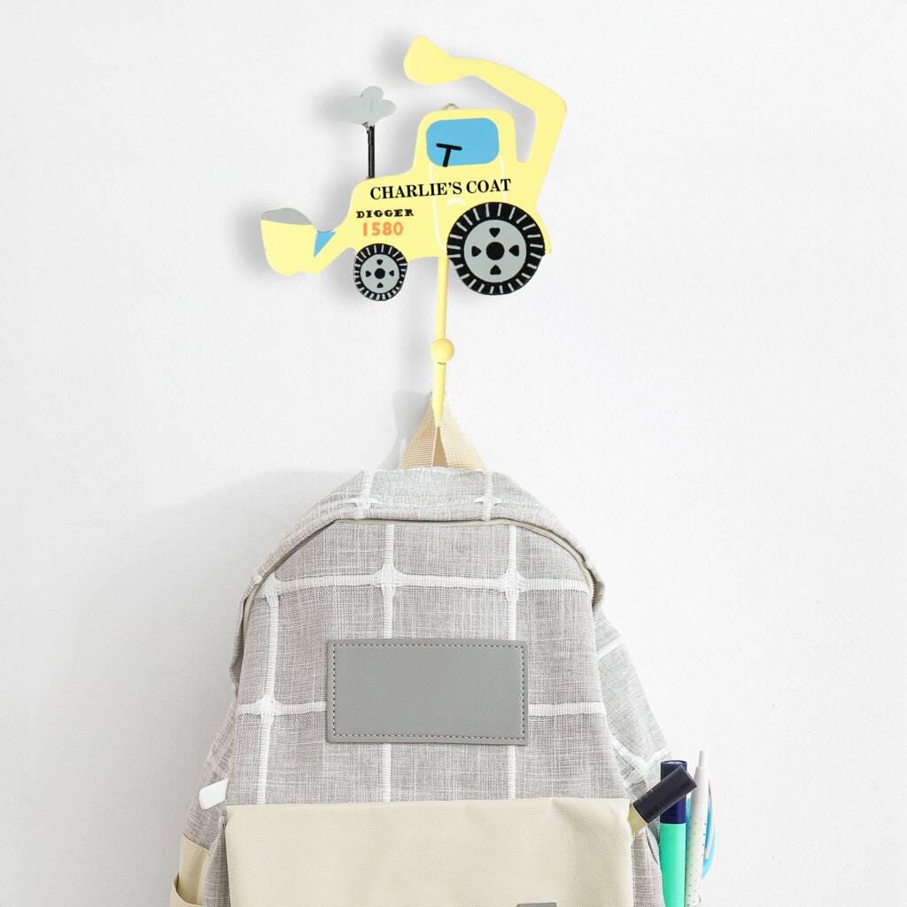 Personalised Digger Coat Wall Hook - Yellow or Green