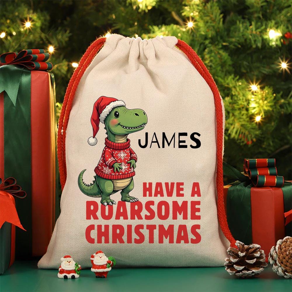Personalised Christmas Sack - Dinosaur Design | Christmas Toy Sack |Christmas Stocking | Small/Large Main image