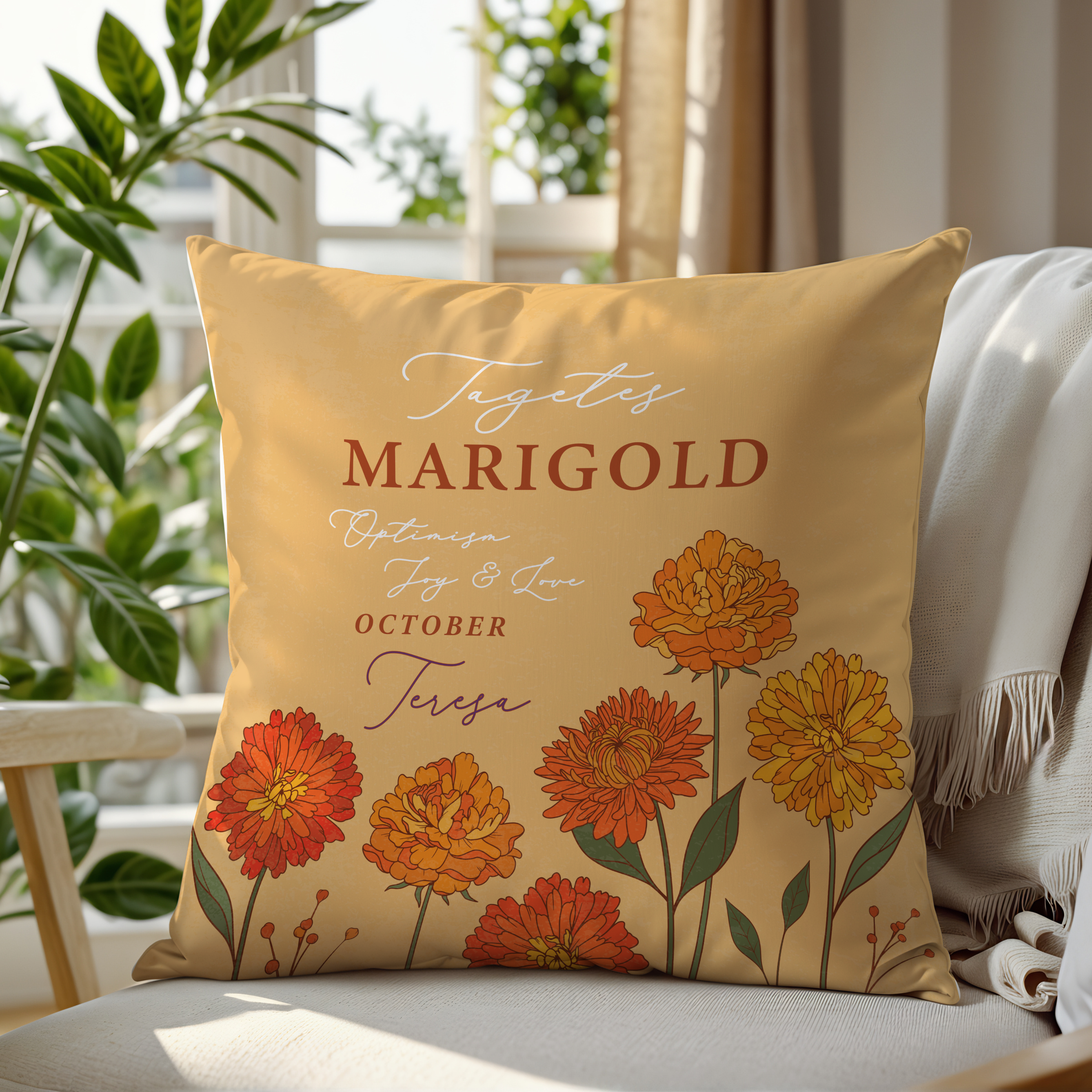 Personalised Birth Flower Cushion - October Marigold Design Main image