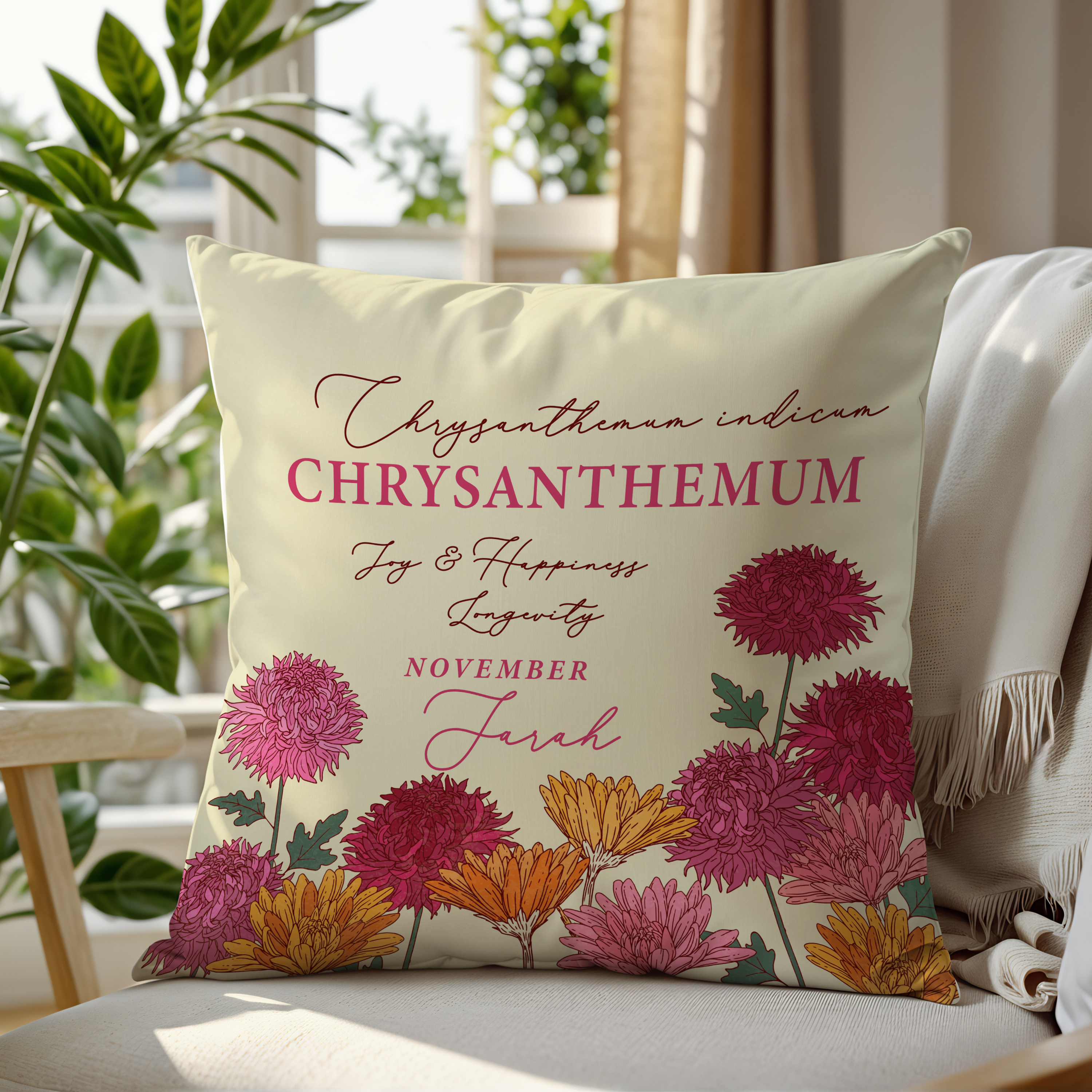 Personalised Birth Flower Cushion - November Chrysanthemum Design Main image