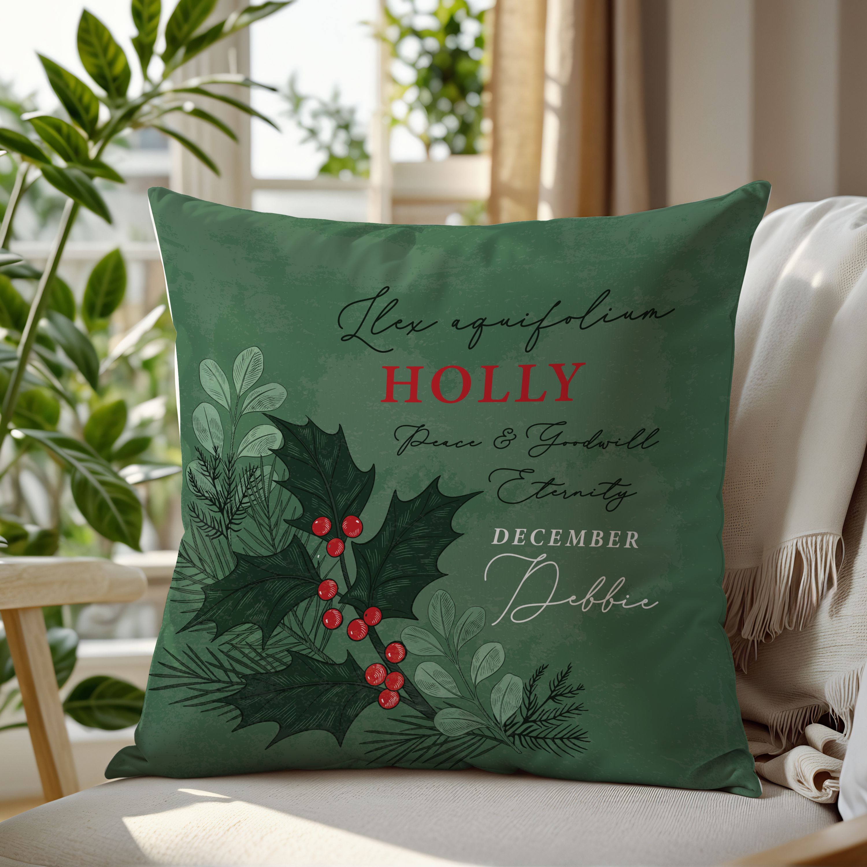 Personalised Birth Flower Cushion - December Holly Design Main image
