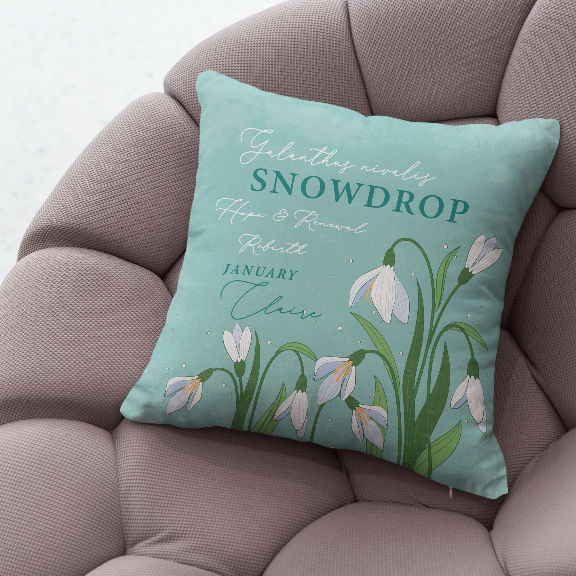 Personalised Birth Flower Cushion - January Snowdrop Design