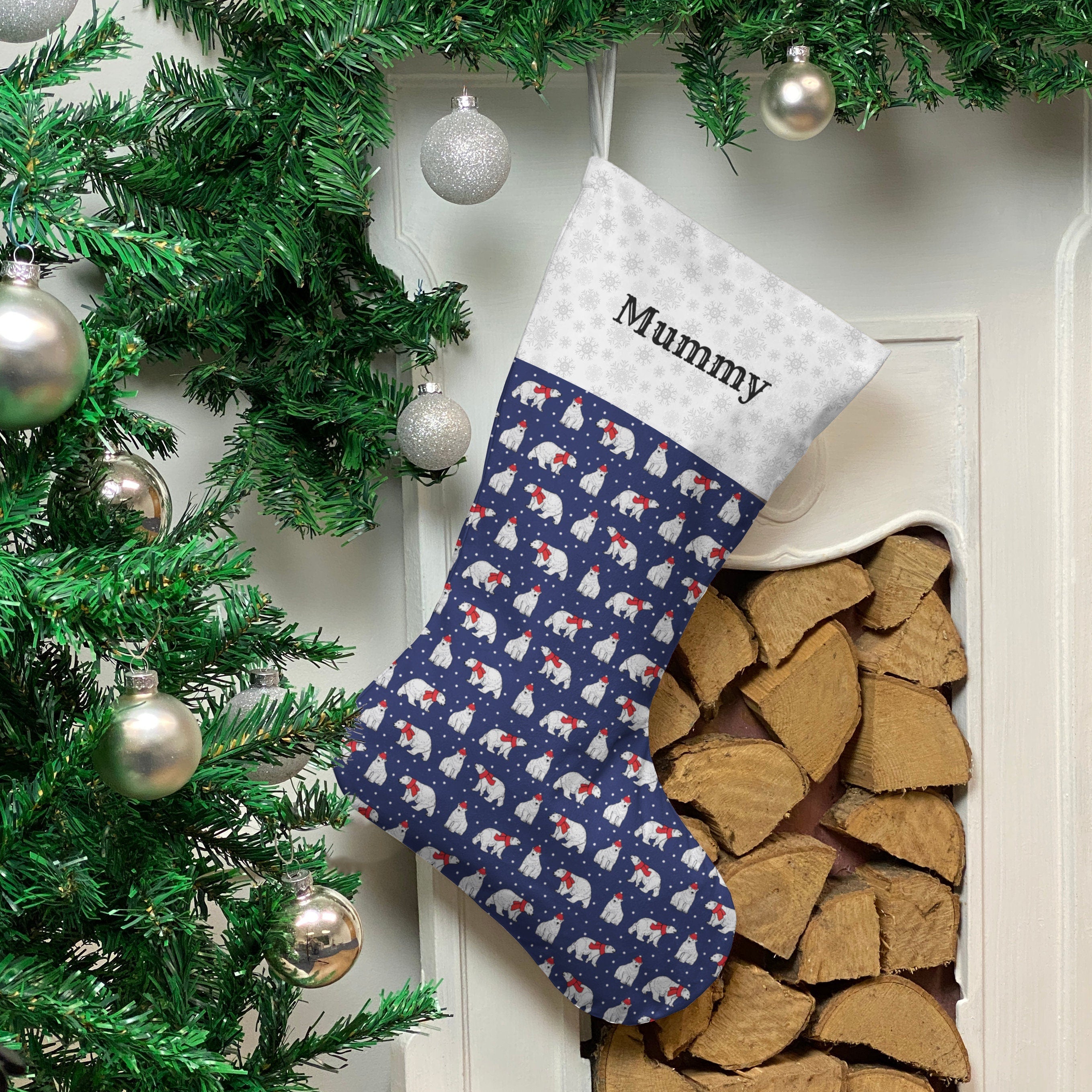 Christmas Stocking - Personalised Xmas Stocking | Navy Blue Polar Bears Design Main image