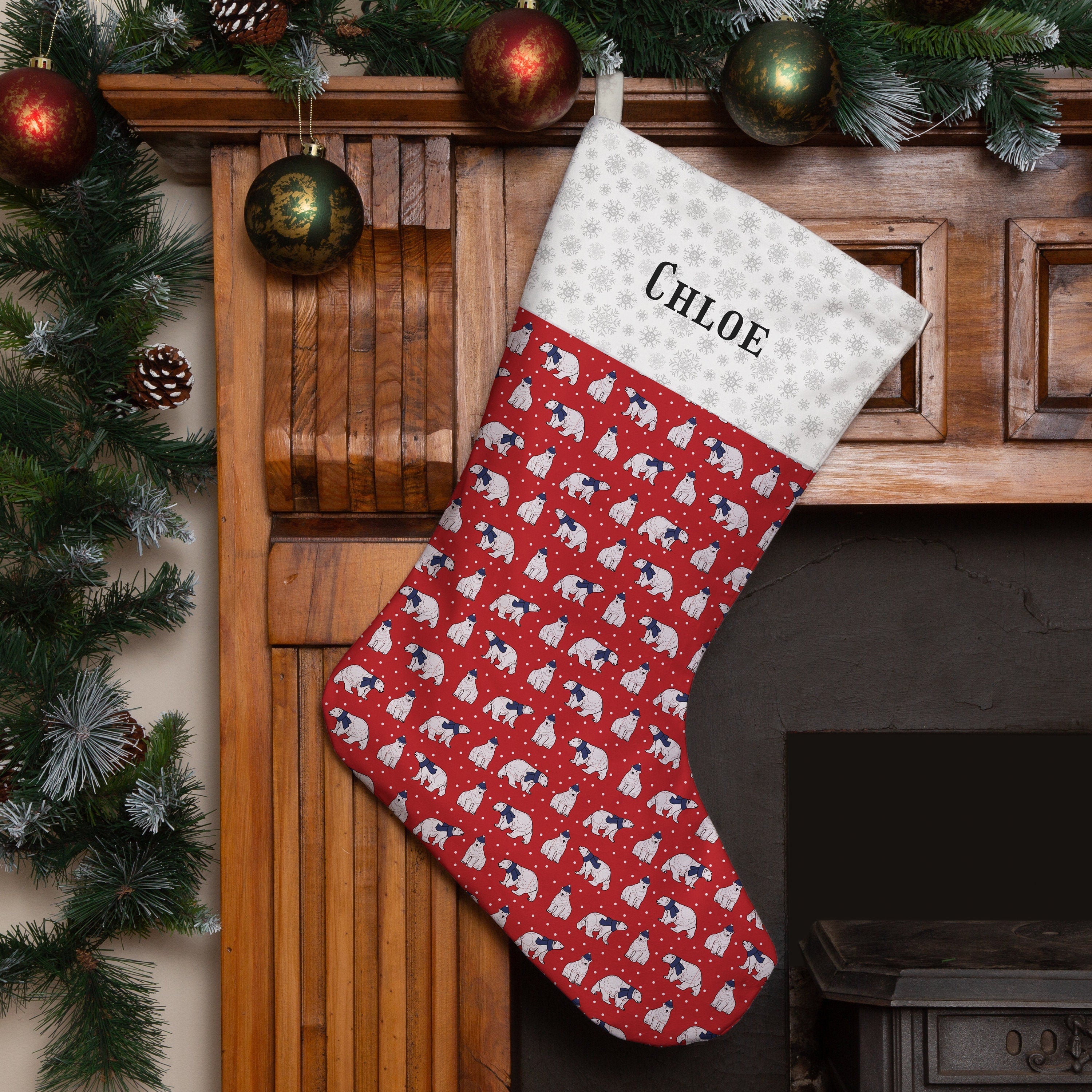 Personalised Christmas Stocking -  Red Polar Bears Design | Handmade Christmas Decor Main image