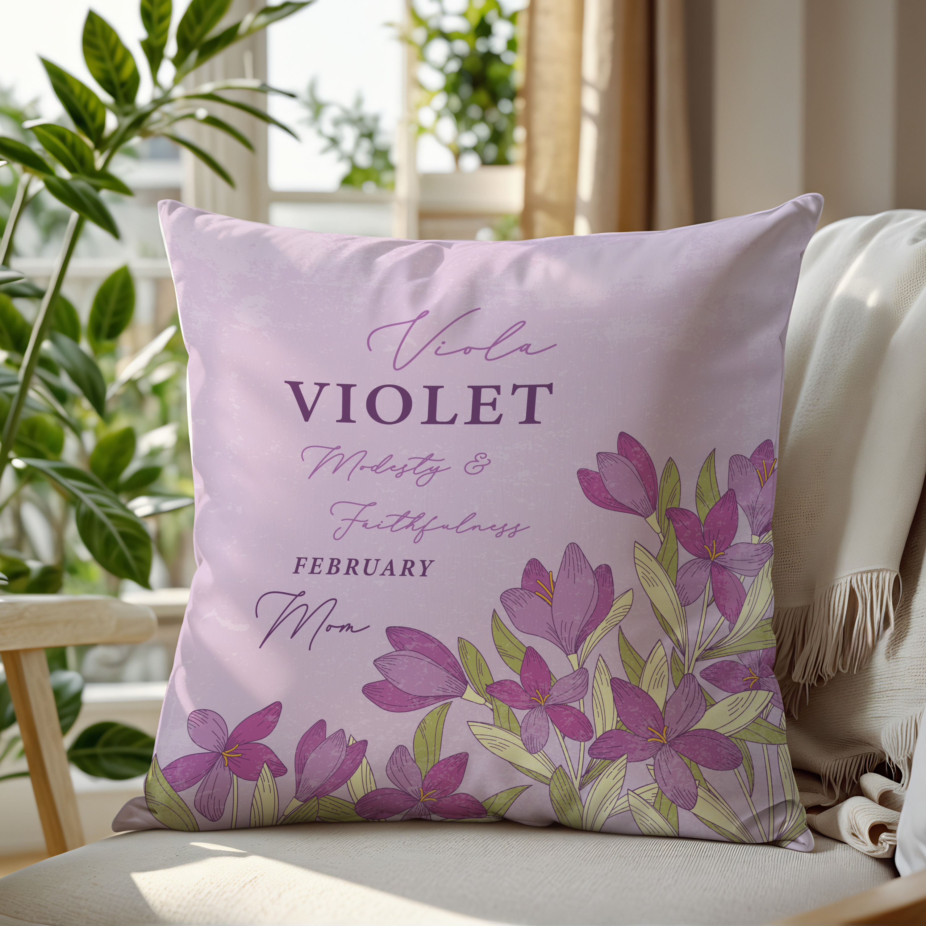 Personalised Birth Flower Cushion - February Violet Design Main image