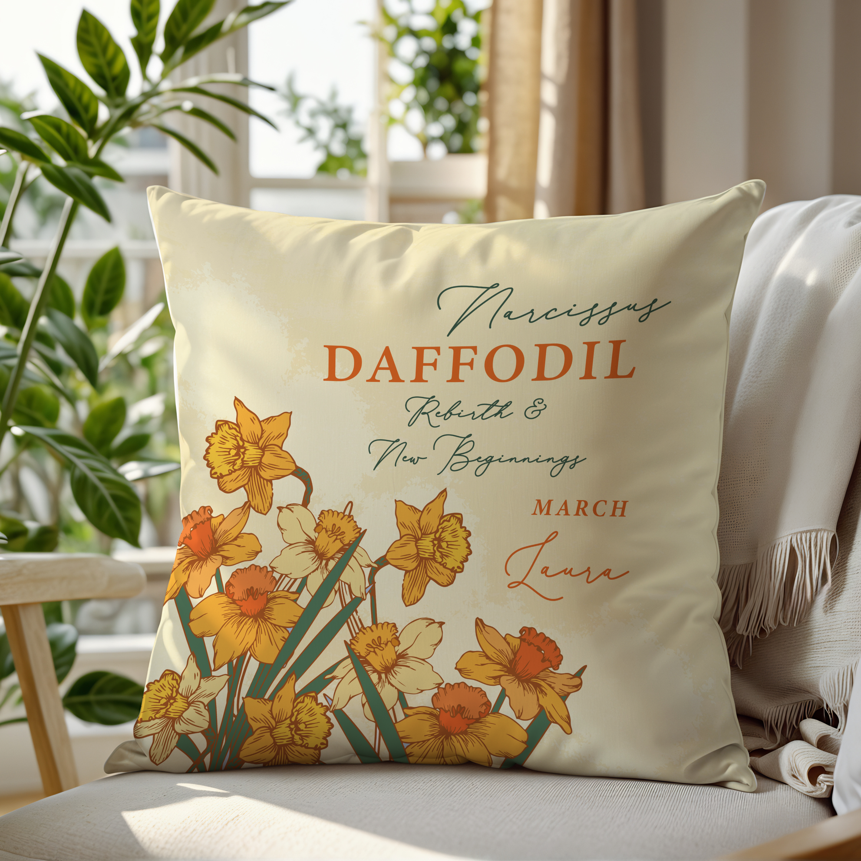 Personalised Birth Flower Cushion - March Daffodil Design Main image