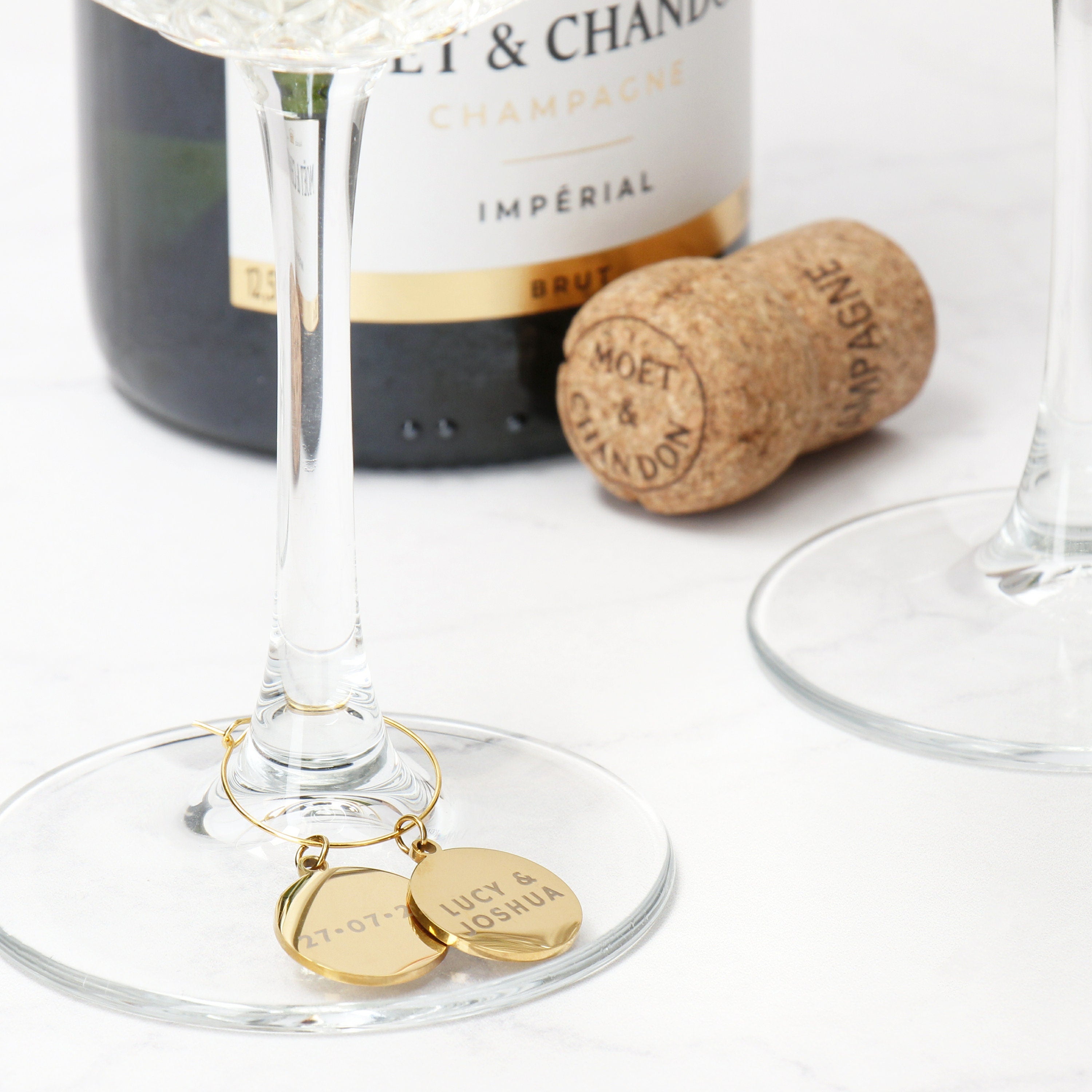 Hand Made Gold Champagne Glasses with Engraved Charms - 1 Glass