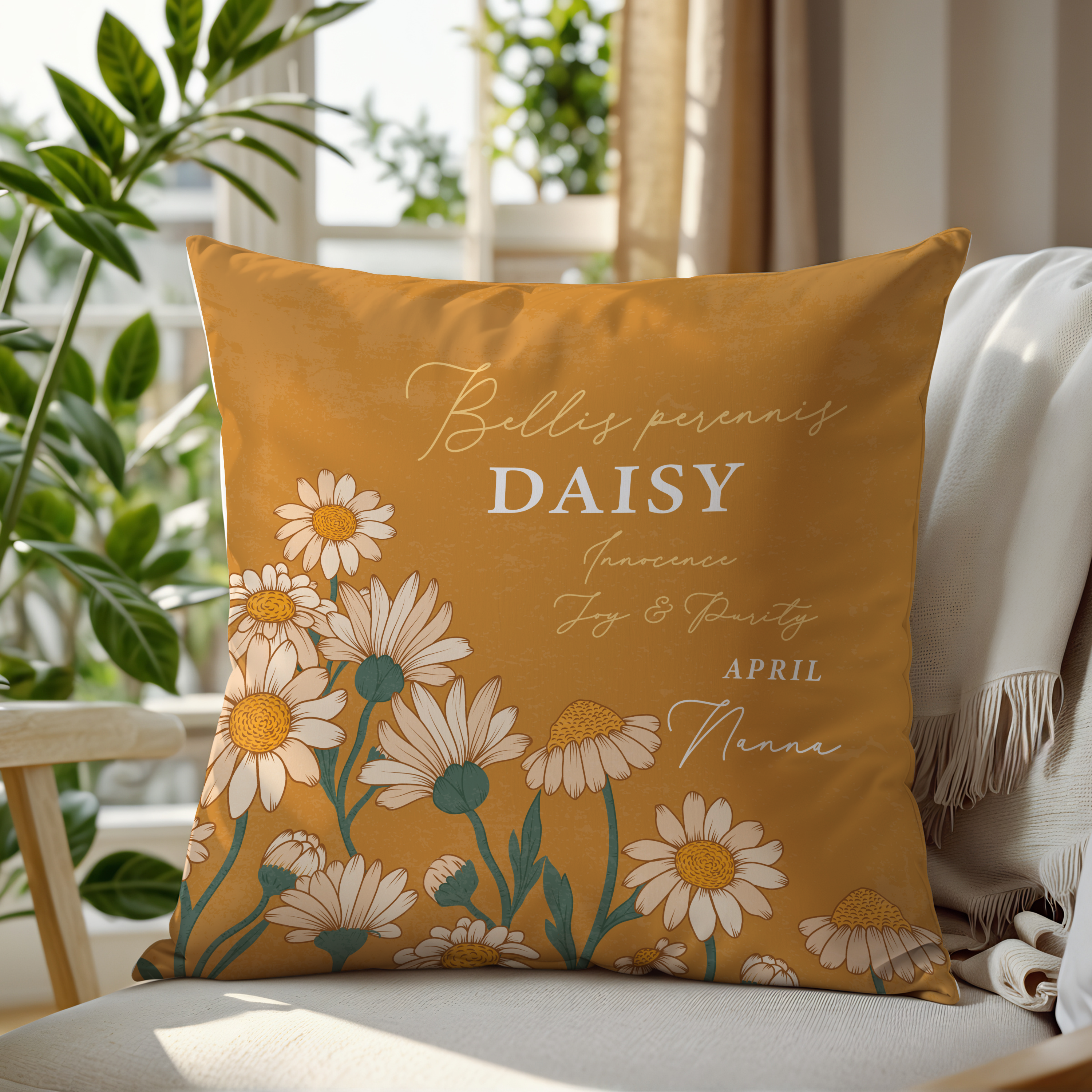 Personalised Birth Flower Cushion - April Daisy Design Main image