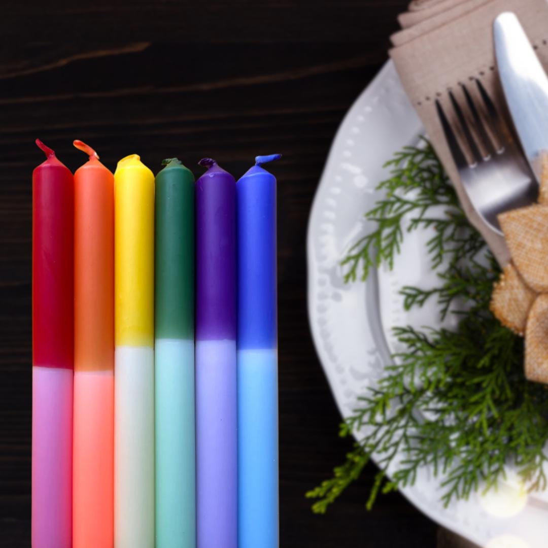 Six Rainbow Two Tone Dipped Hand Made Candle Main image