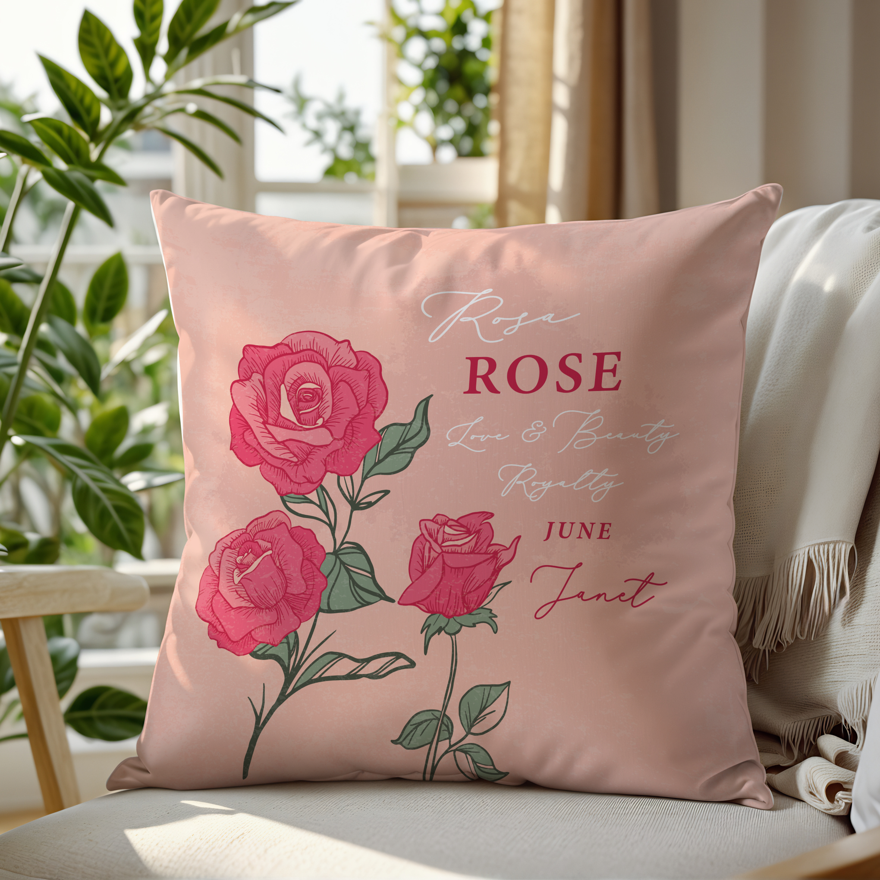 Personalised Birth Flower Cushion - June Rose Design Main image