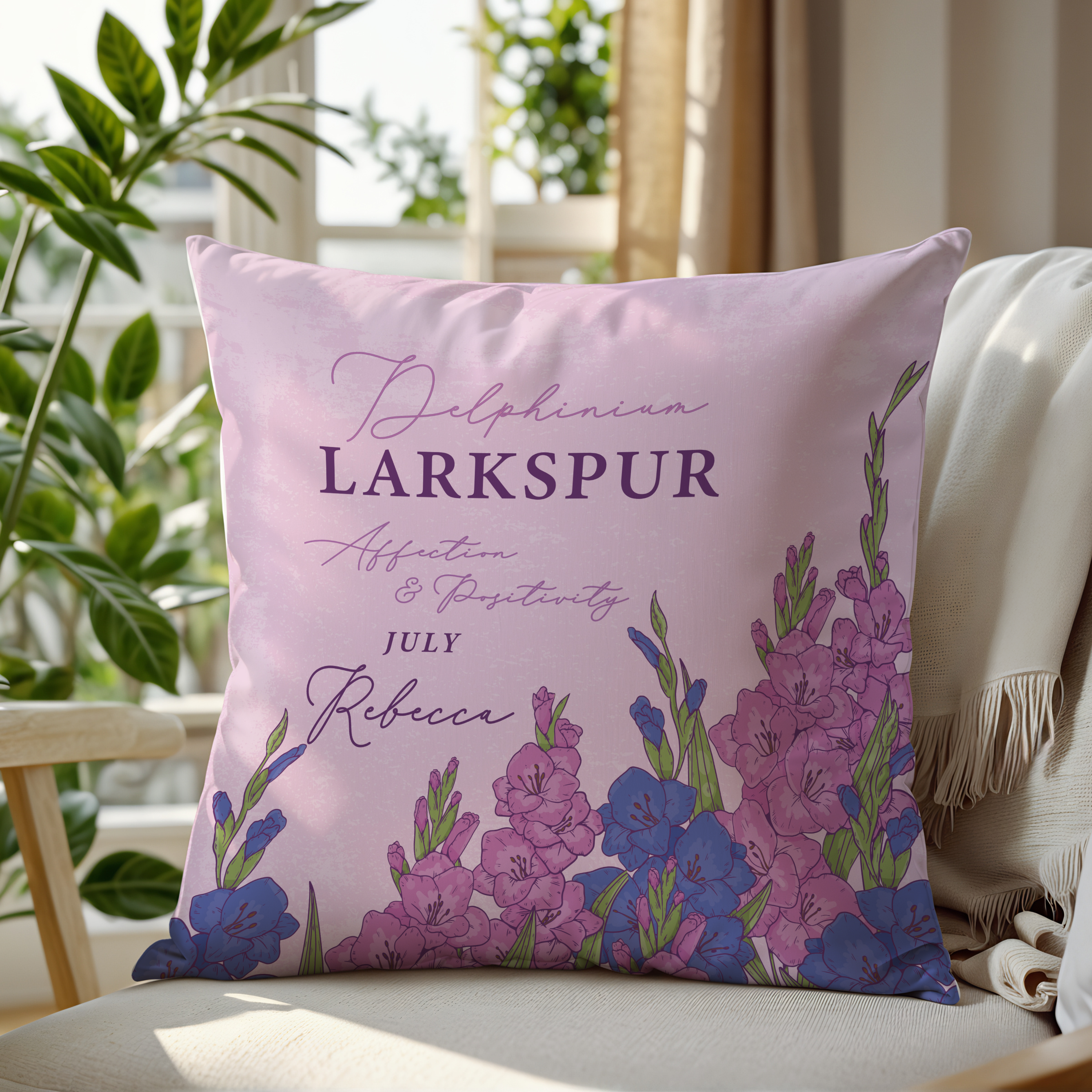 Personalised Birth Flower Cushion - July Larkspur Design Main image