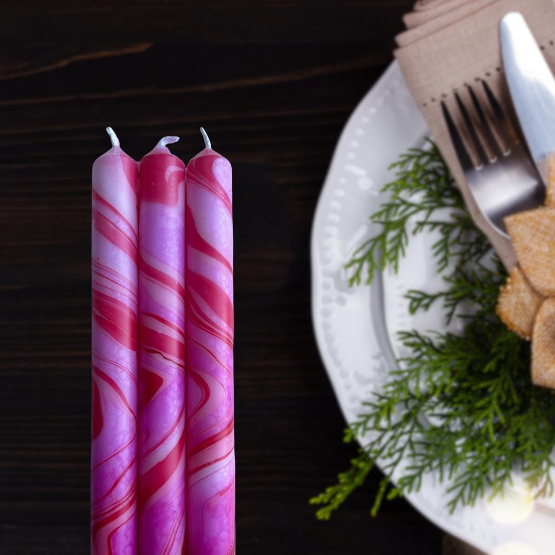 Pink and Purple Marble Dipped Hand Made Candles - Pair Main image