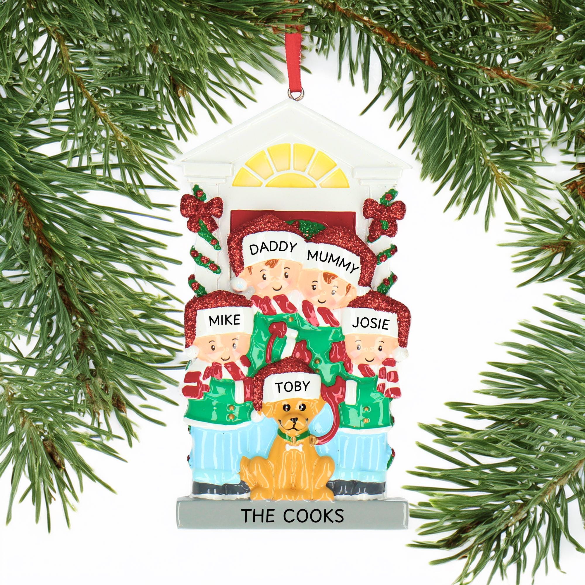 Personalised Christmas Bauble - Family and Dog design | up to 5 names | Christmas Decor Main image