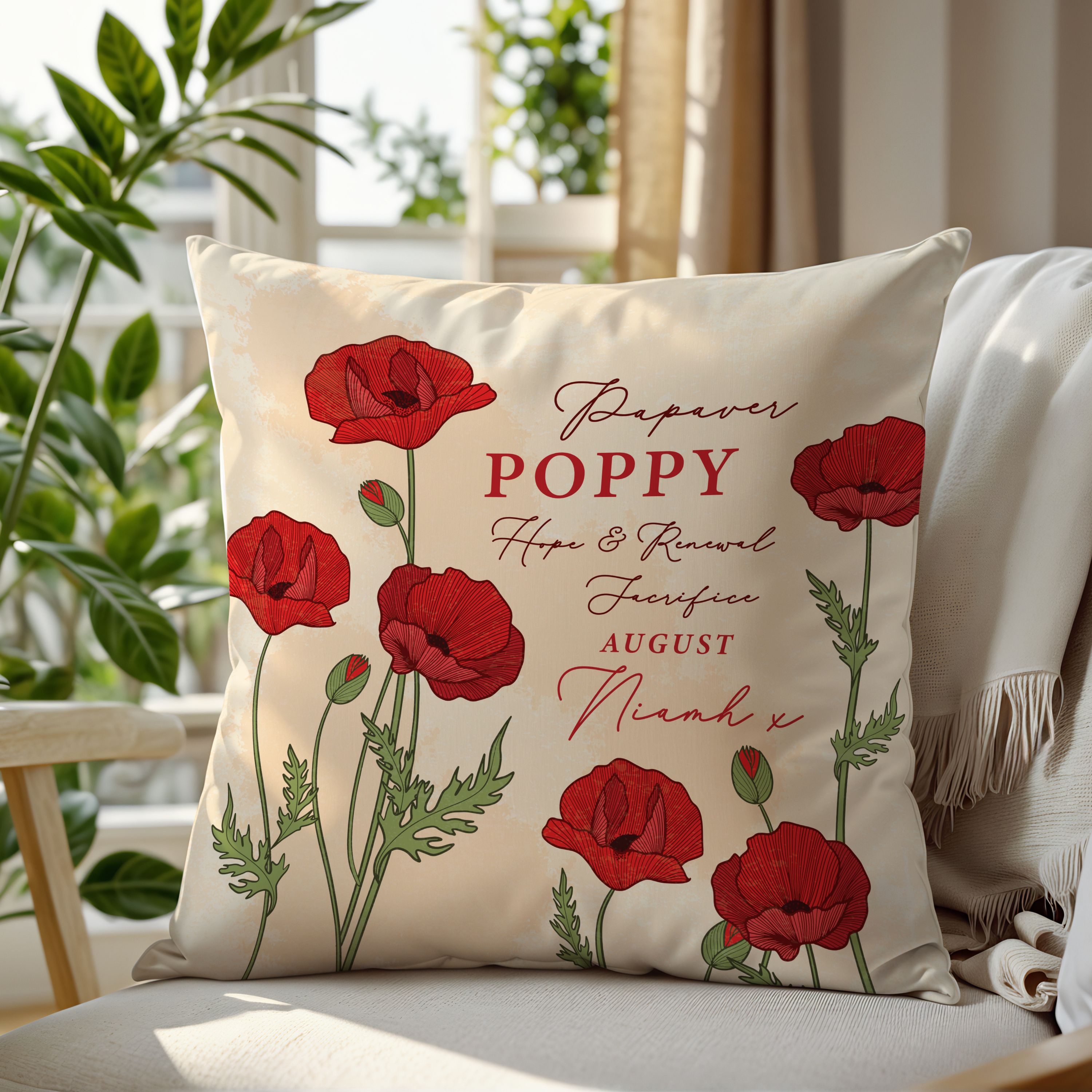 Personalised Birth Flower Cushion - August Poppy Design Main image