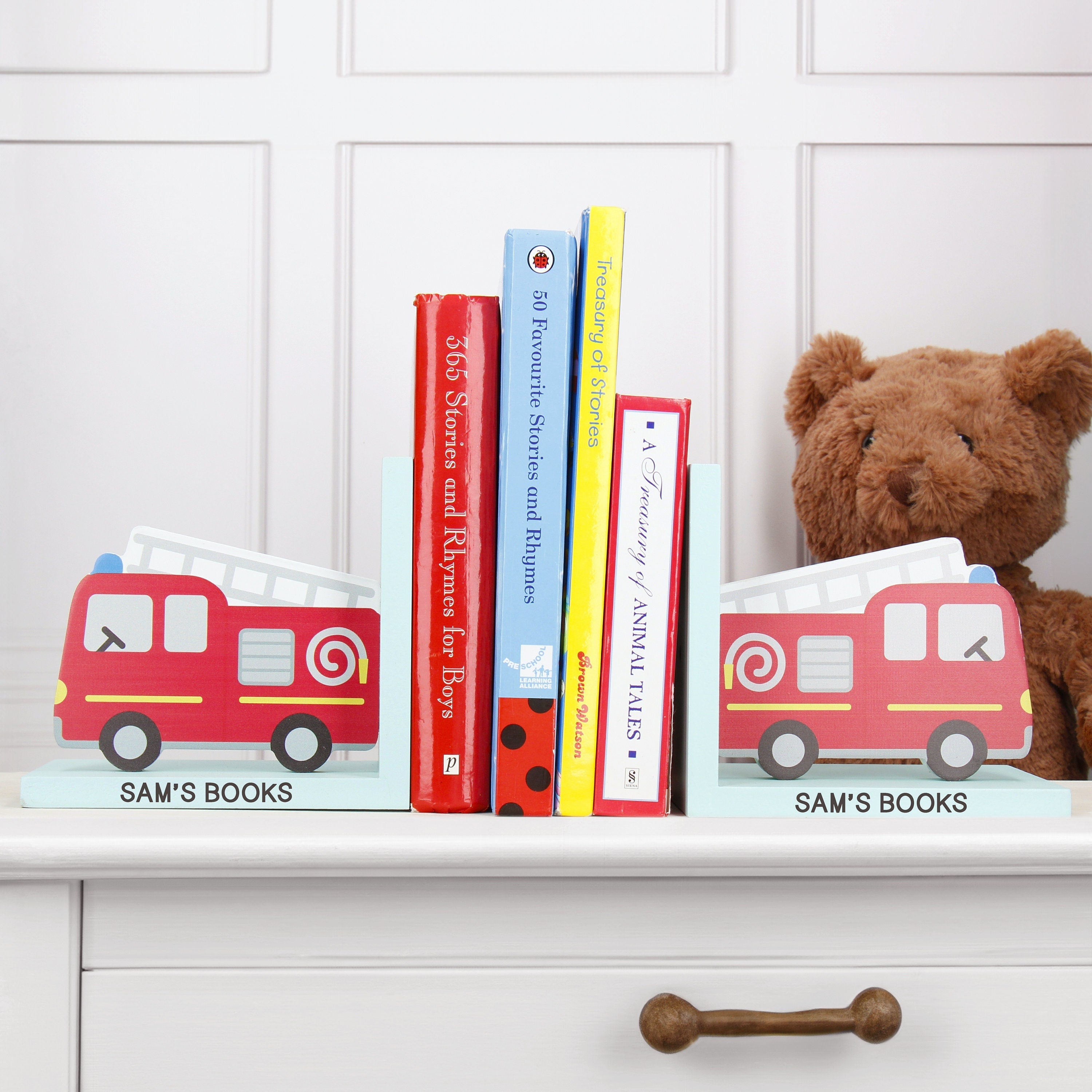 Personalised Red Fire Engine Children's Bookends Main image