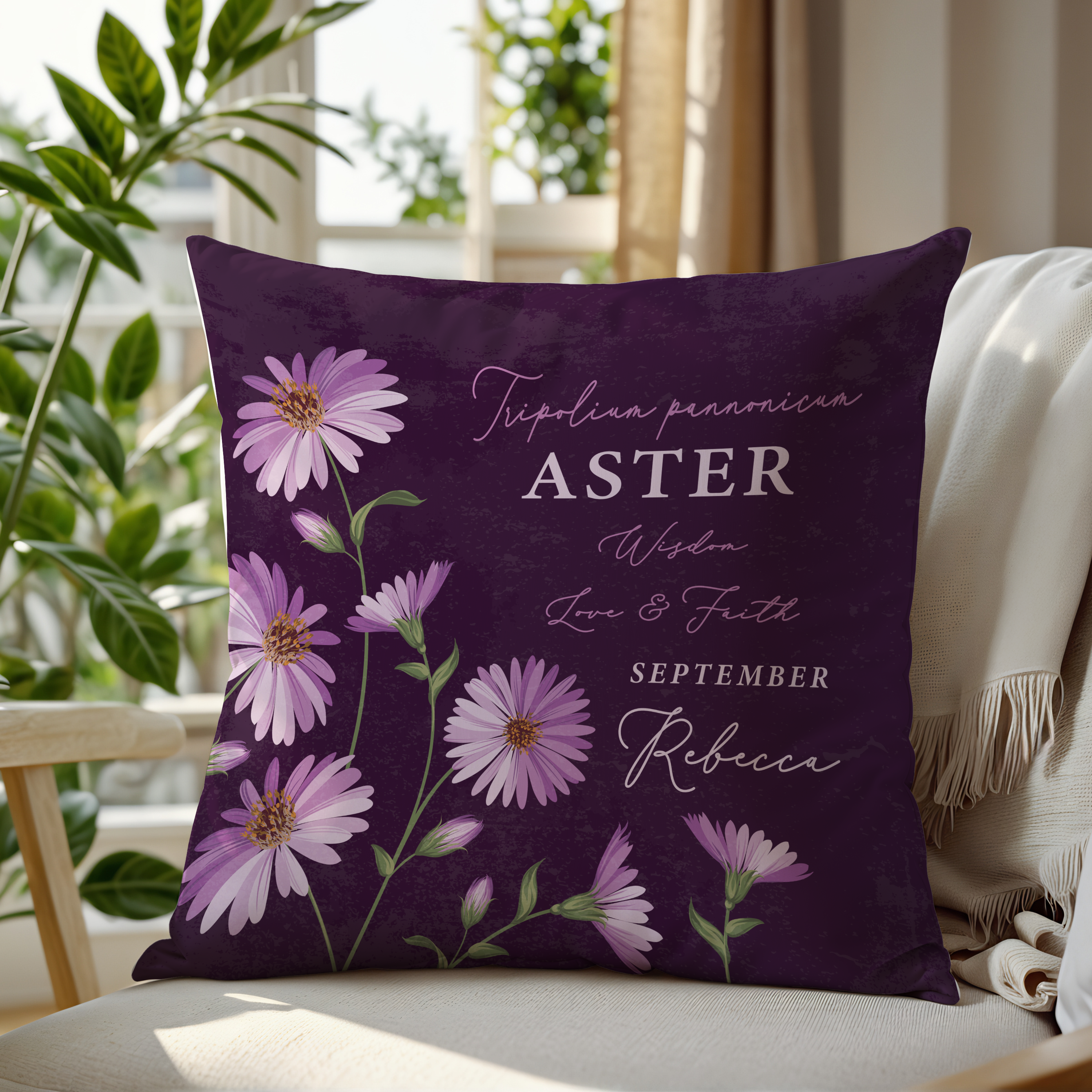 Personalised Birth Flower Cushion - September Aster Design Main image