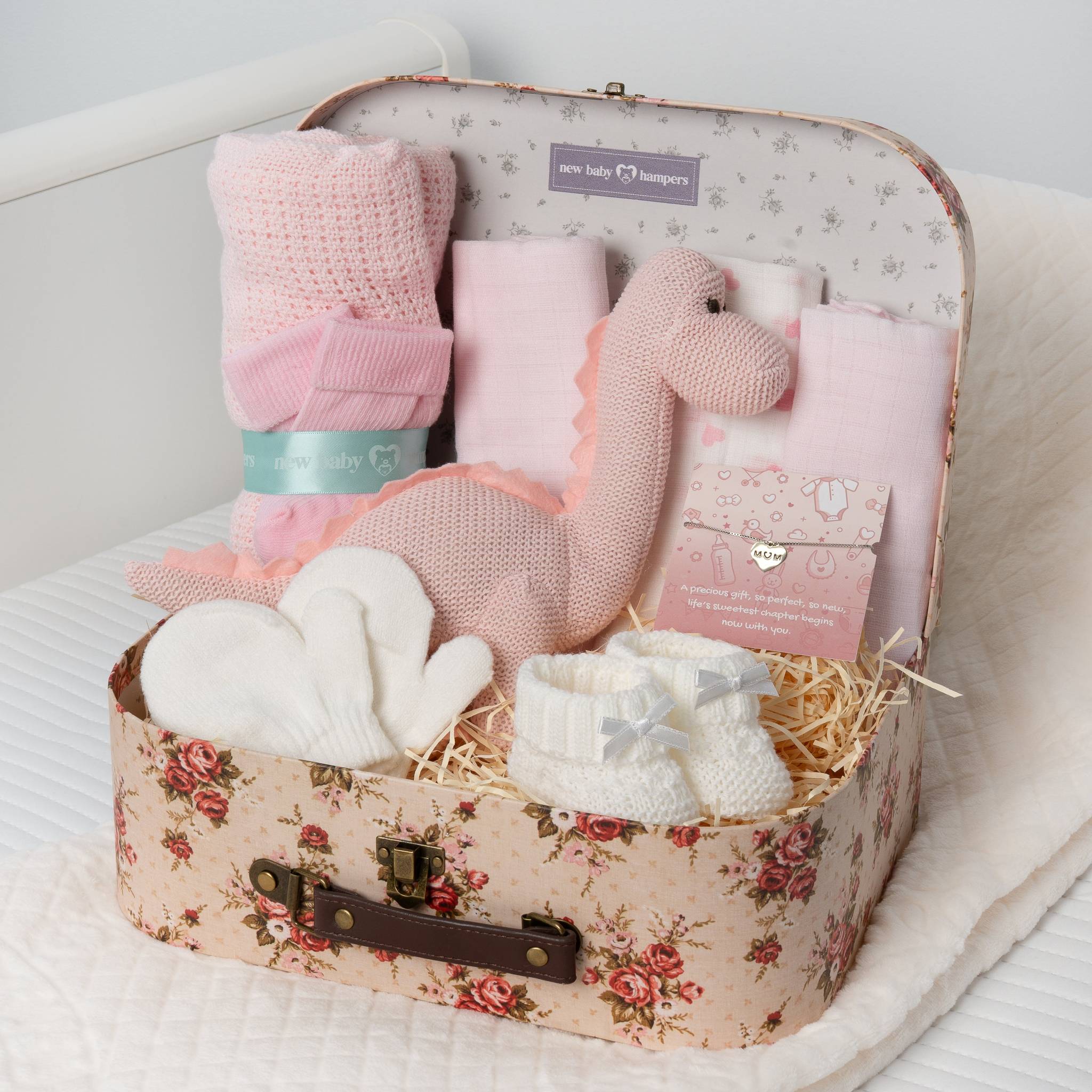 New Baby Girl Dinosaur Hamper Gift Set - Pink Keepsake Case with Blanket - Pink
