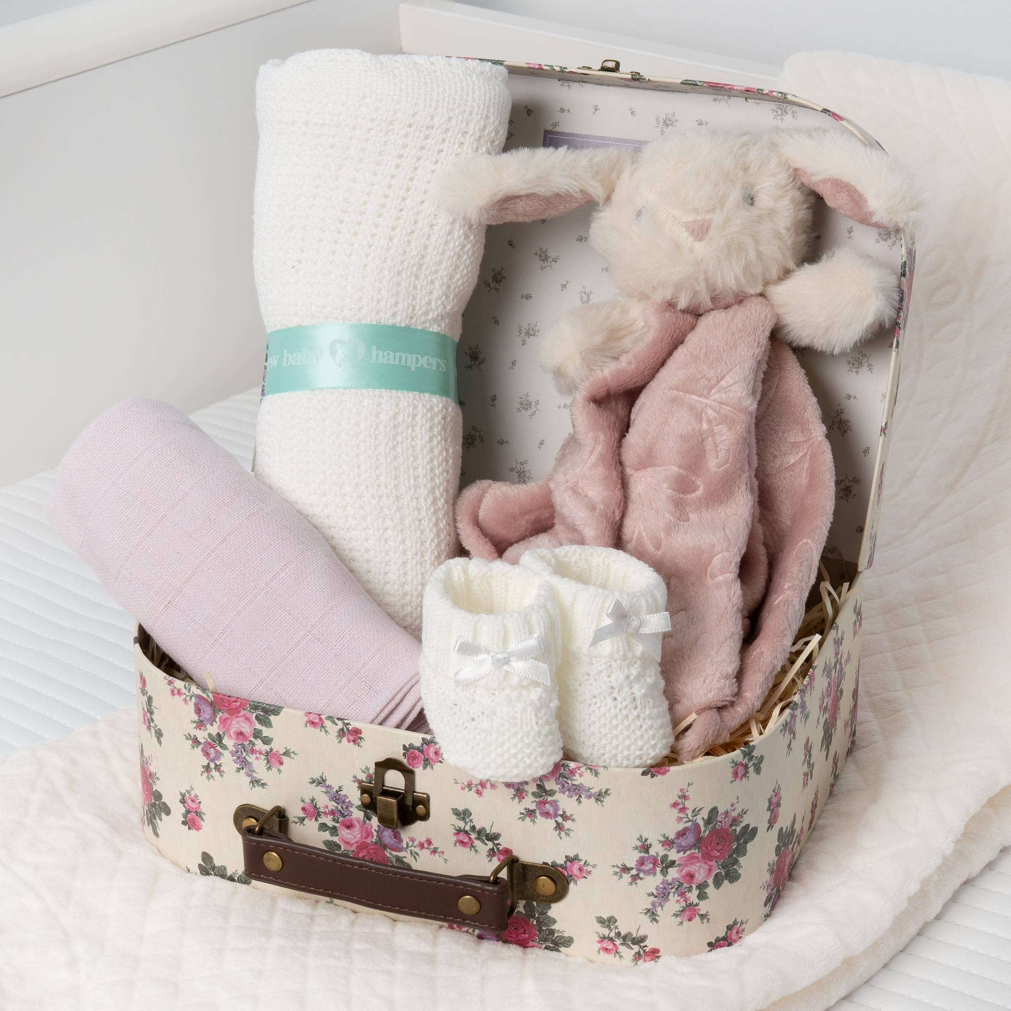 Rabbit Theme Baby Shower Hamper with Small Floral Design Case with Blanket - Pink