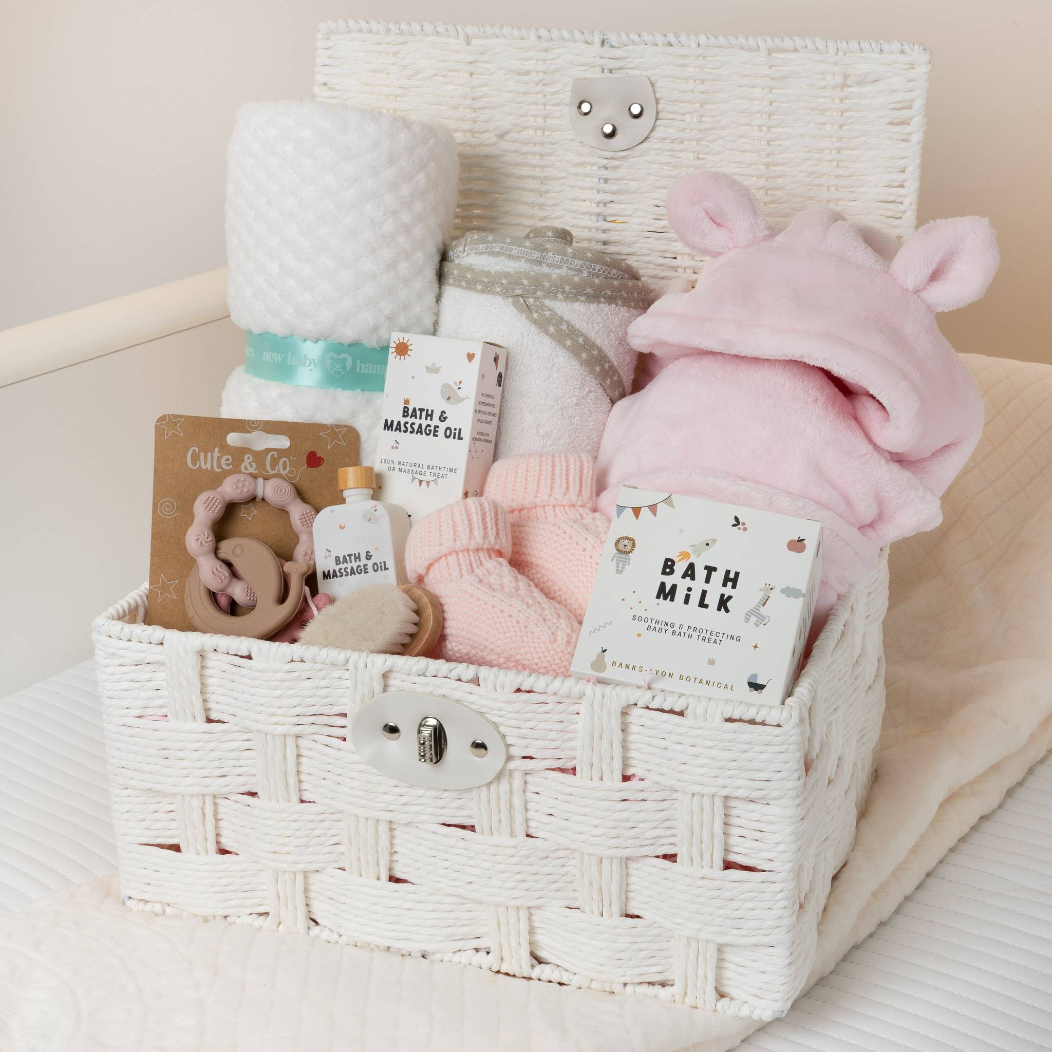 Luxury Baby Bath and Snuggle Hamper Gift Set - Pink Baby Shower Present with ... - White