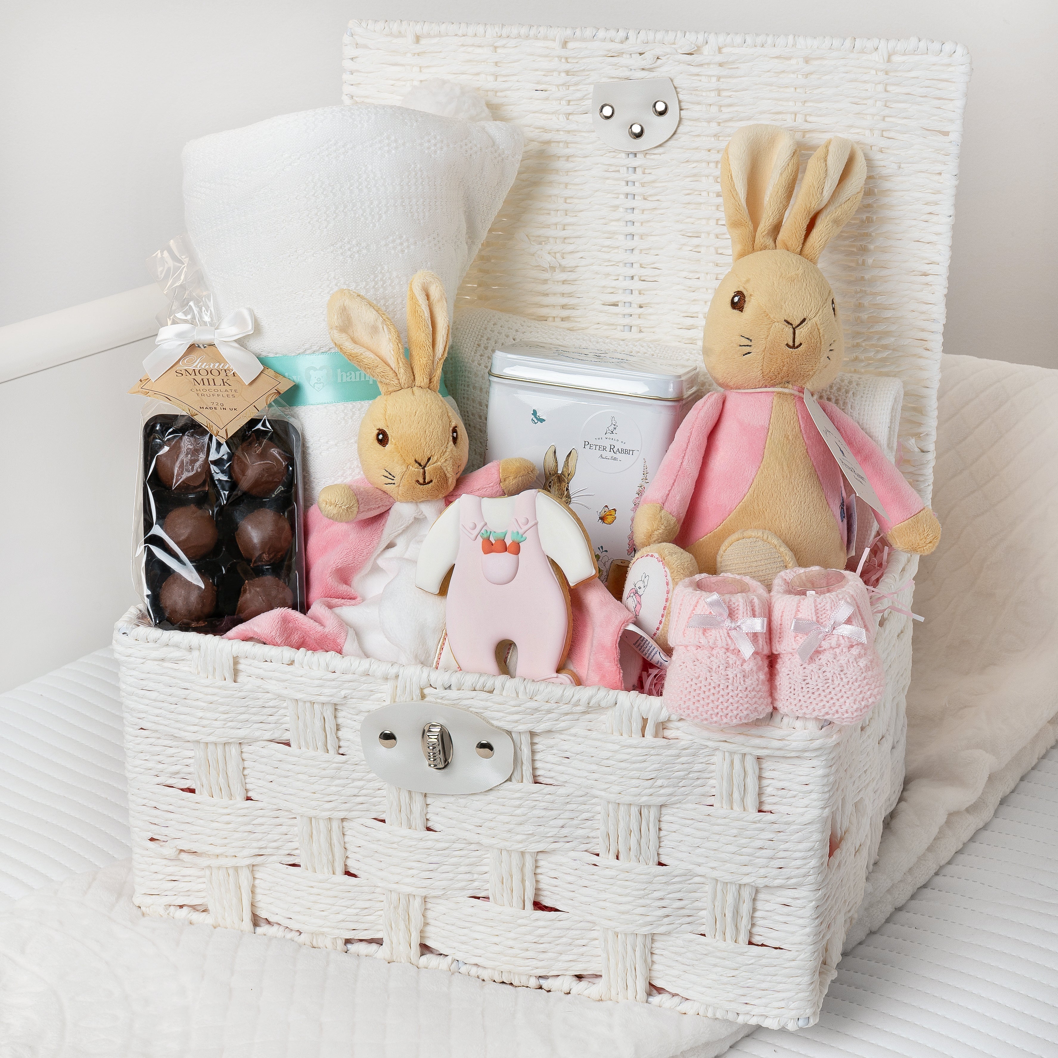 Rabbit Luxury Flopsy Bunny Welcome New Baby Hamper Basket with Blanket - Grey Main image