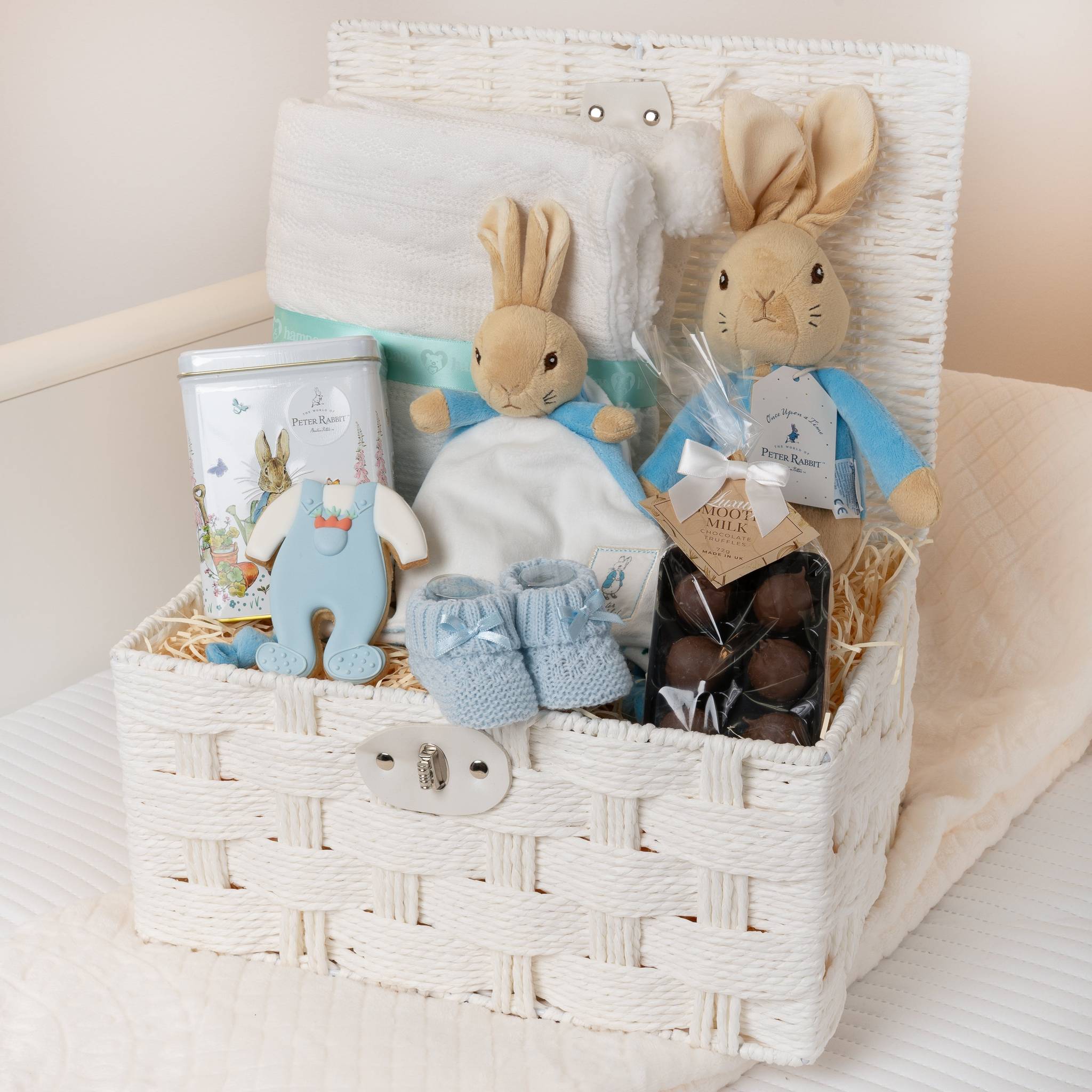 Luxury Peter Rabbit Welcome New Baby Hamper Basket with Blanket - Grey