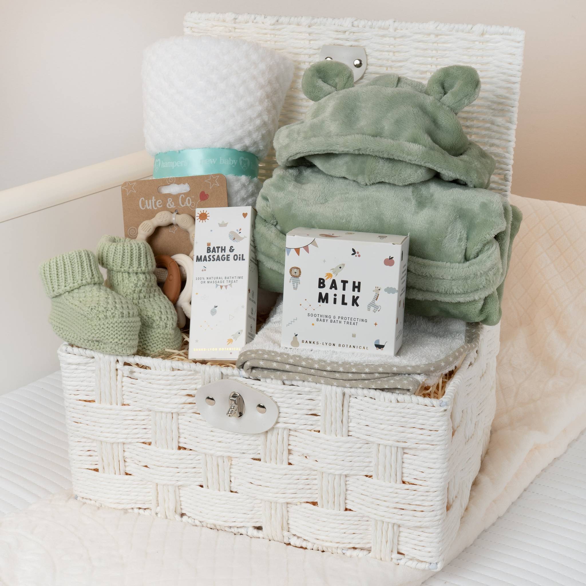 Luxury Baby Bath and Snuggle Hamper Gift Set - Green Unisex Baby Shower Prese... - Green
