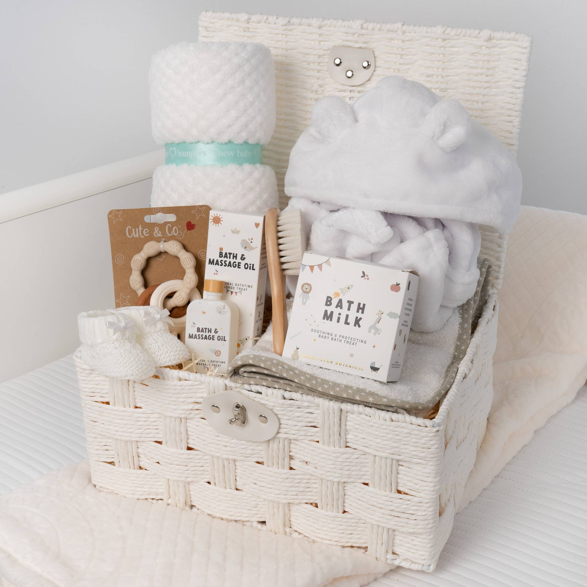 Luxury Baby Bath and Snuggle Hamper Gift Set - Unisex White Baby Shower Prese... - White