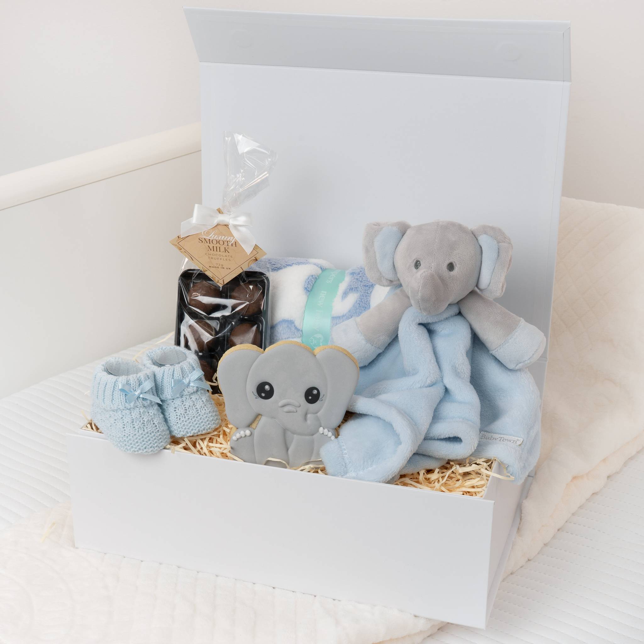 Blue Elephant Baby Shower Gift Box with Sweet Treats with Blanket - Blue