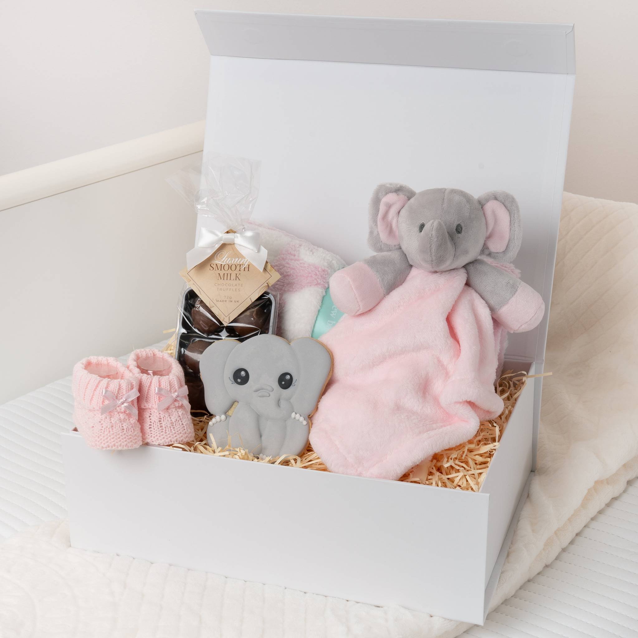 Pink Elephant Baby Shower Gift Box with Sweet Treats with Blanket - Pink