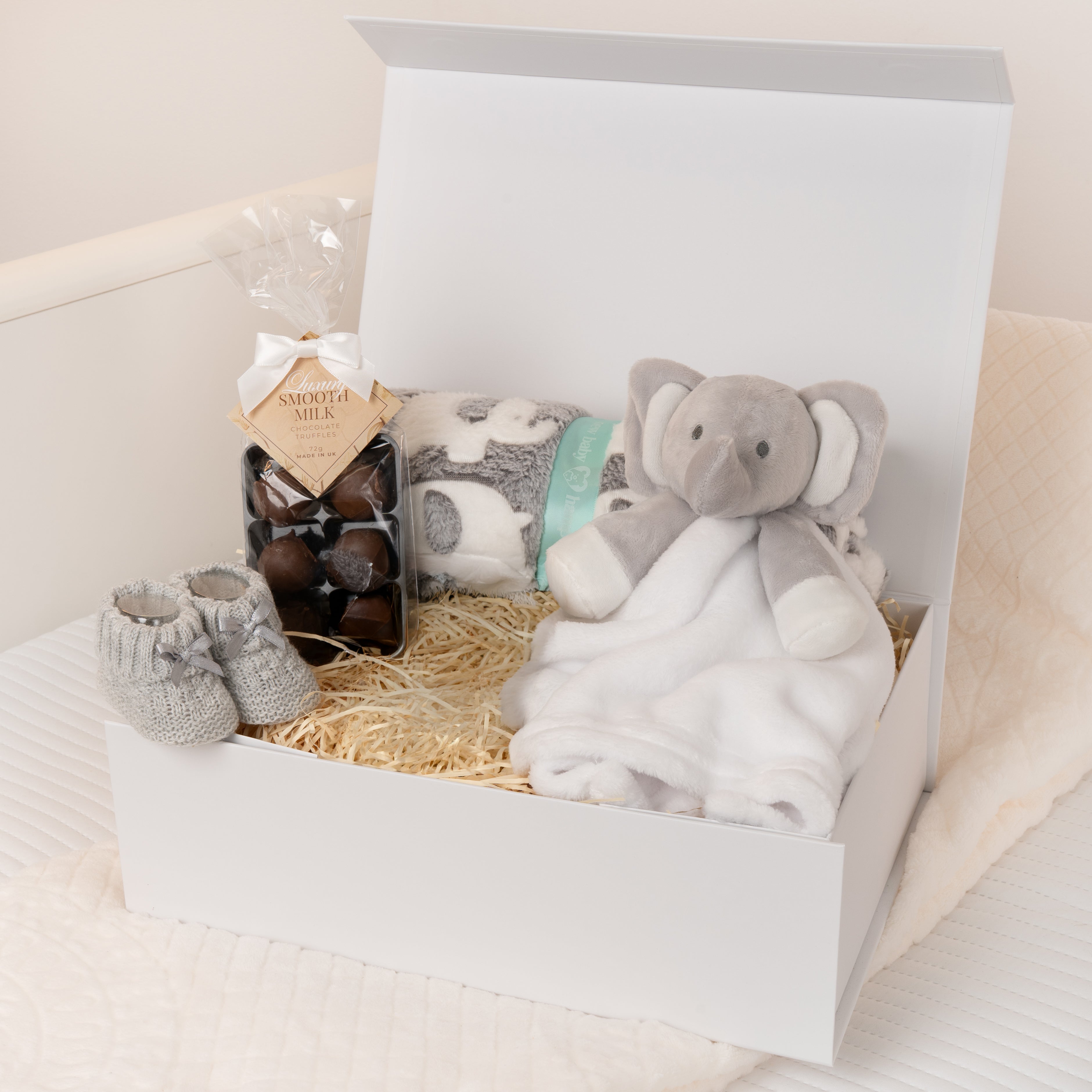 Grey Elephant Baby Shower Gift Box with Sweet Treats with Blanket - Grey