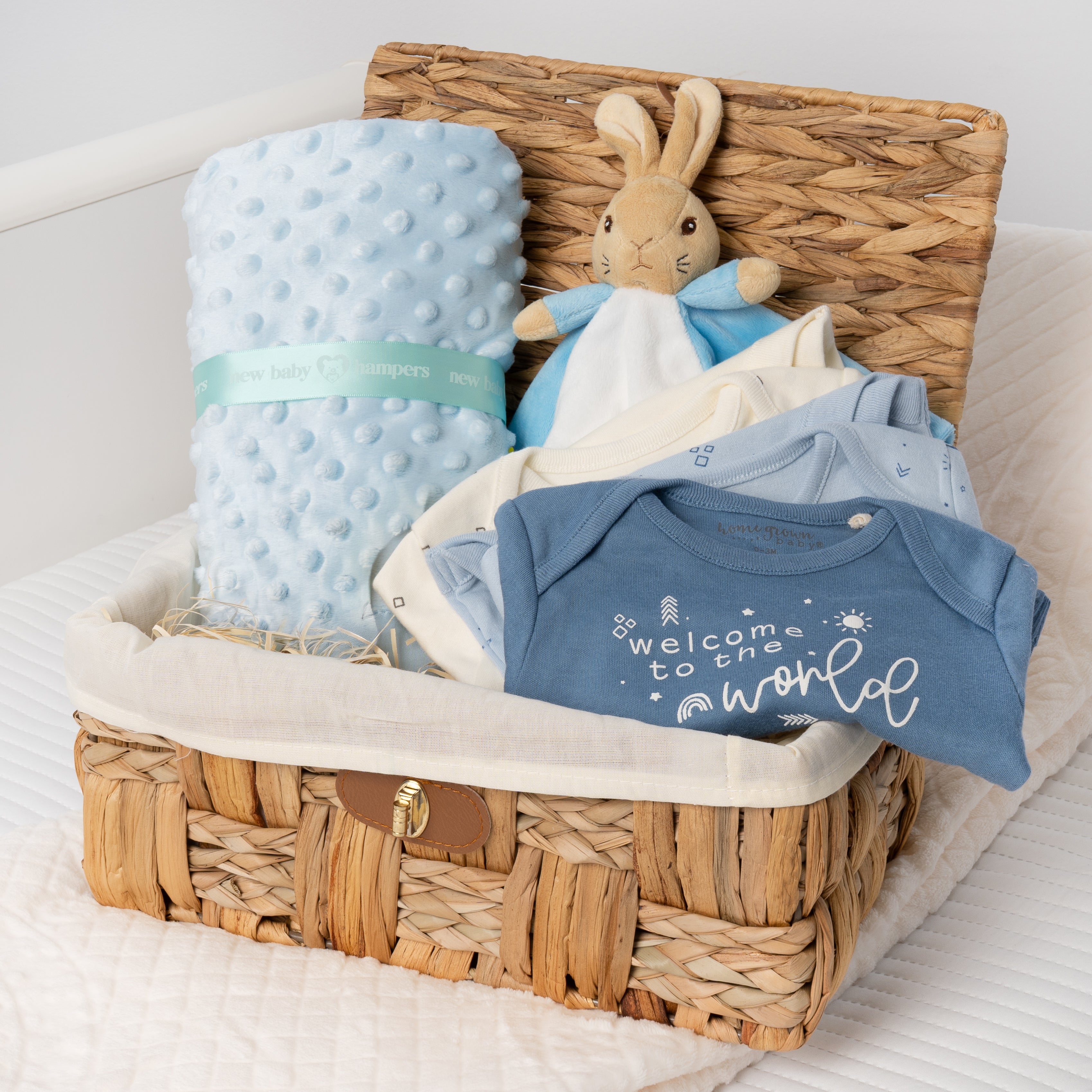 Peter Rabbit Comforter and Baby Grow Gift Set Wicker Hamper with Blanket - Blue