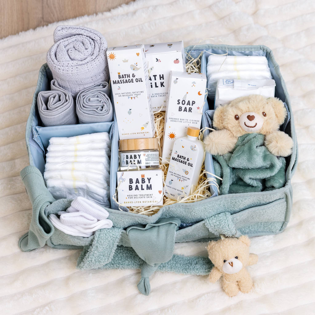 Pink The Ultimate Newborn Baby Essentials Hamper in Sage Green with Blanket b... – Pink