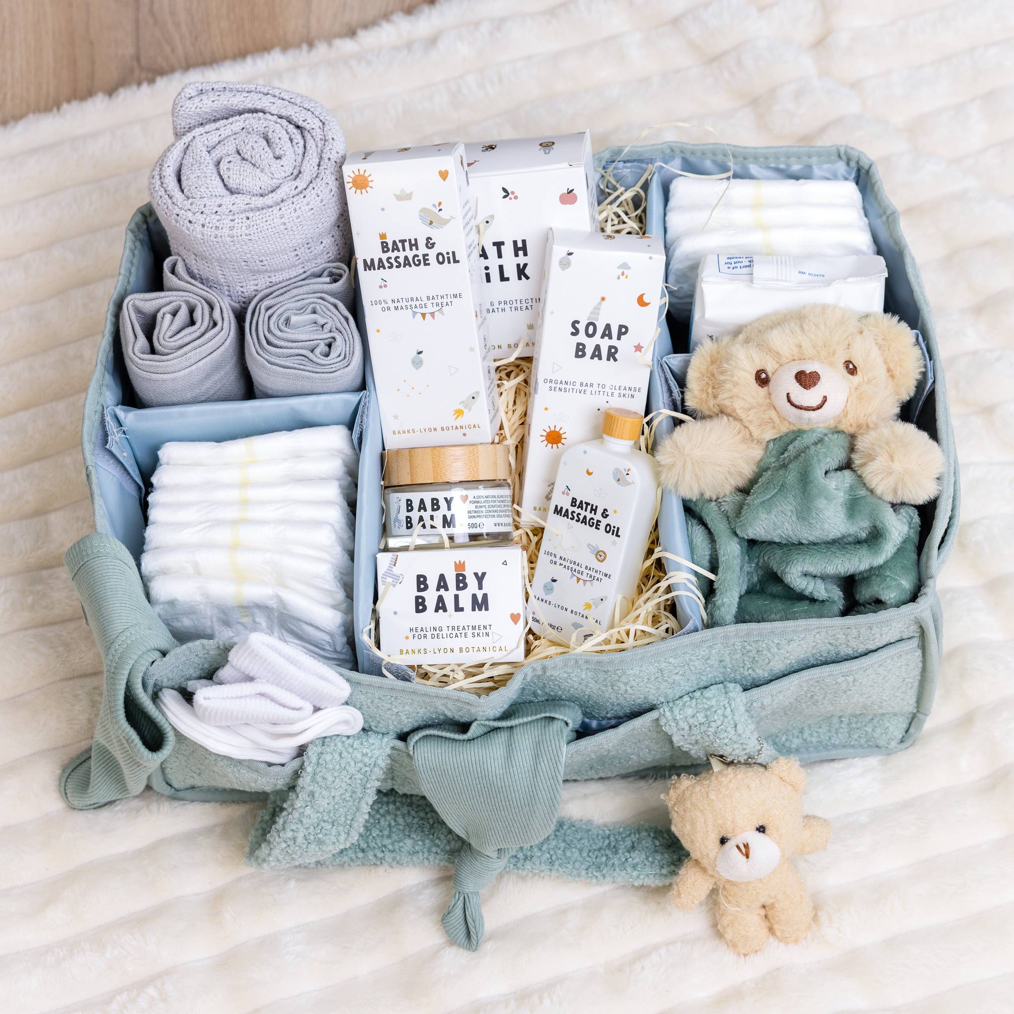 Pink The Ultimate Newborn Baby Essentials Hamper in Sage Green with Blanket b... – Pink
