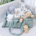 The Ultimate Newborn Baby Essentials Hamper in Sage Green with Blanket - Pink