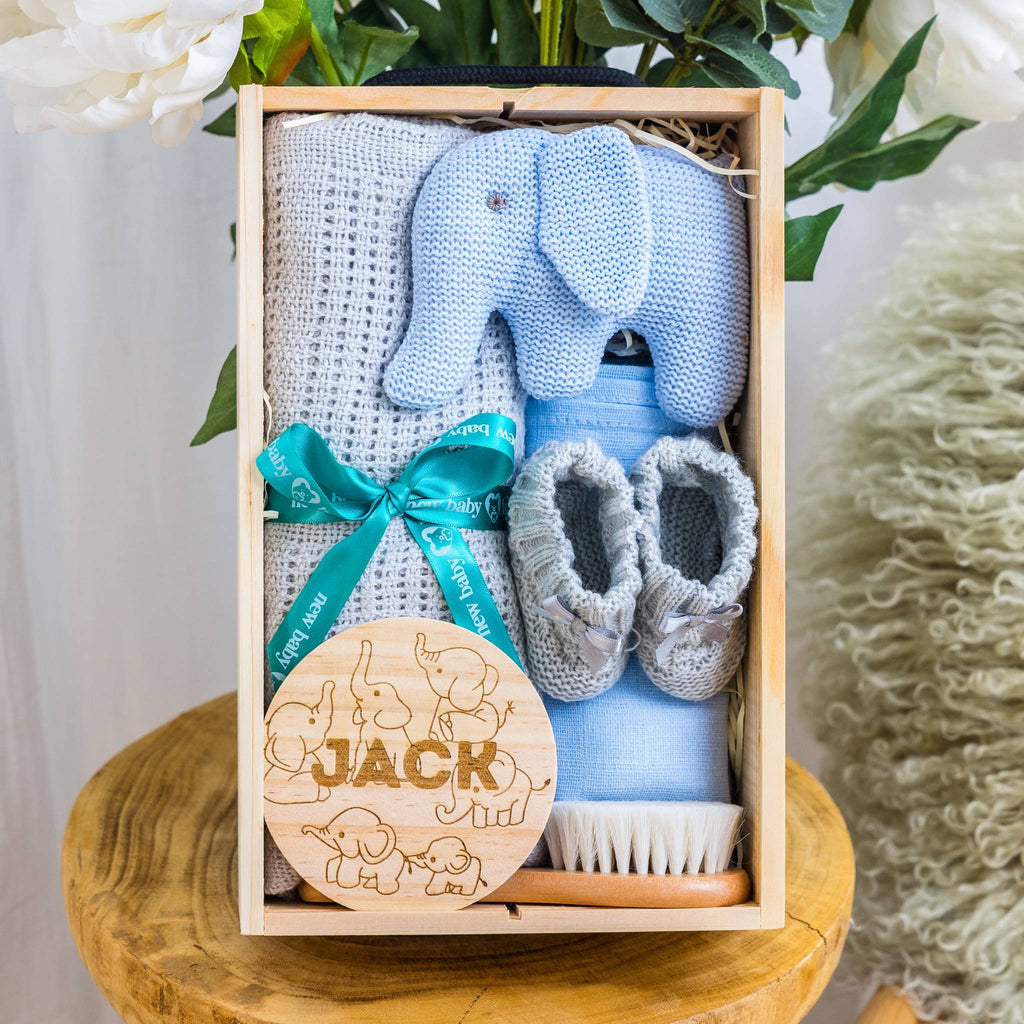 Personalised Newborn Welcome Hamper - Blue Elephant Theme with Blanket & Keep... - Blue