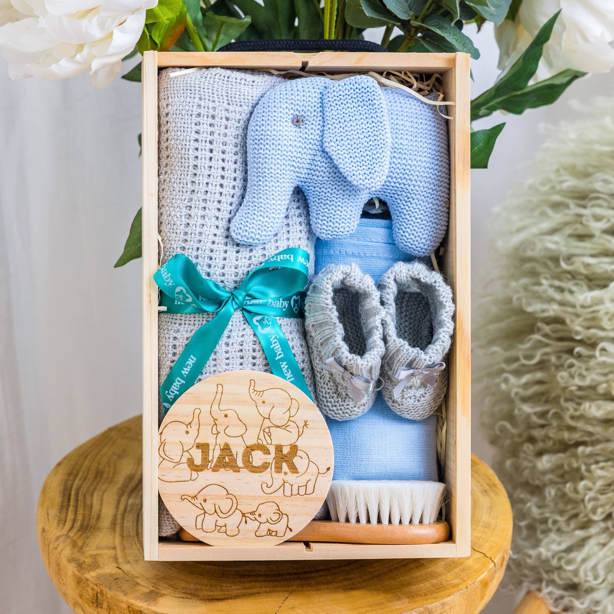 Personalised Newborn Welcome Hamper - Blue Elephant Theme with Blanket & Keep... - Blue