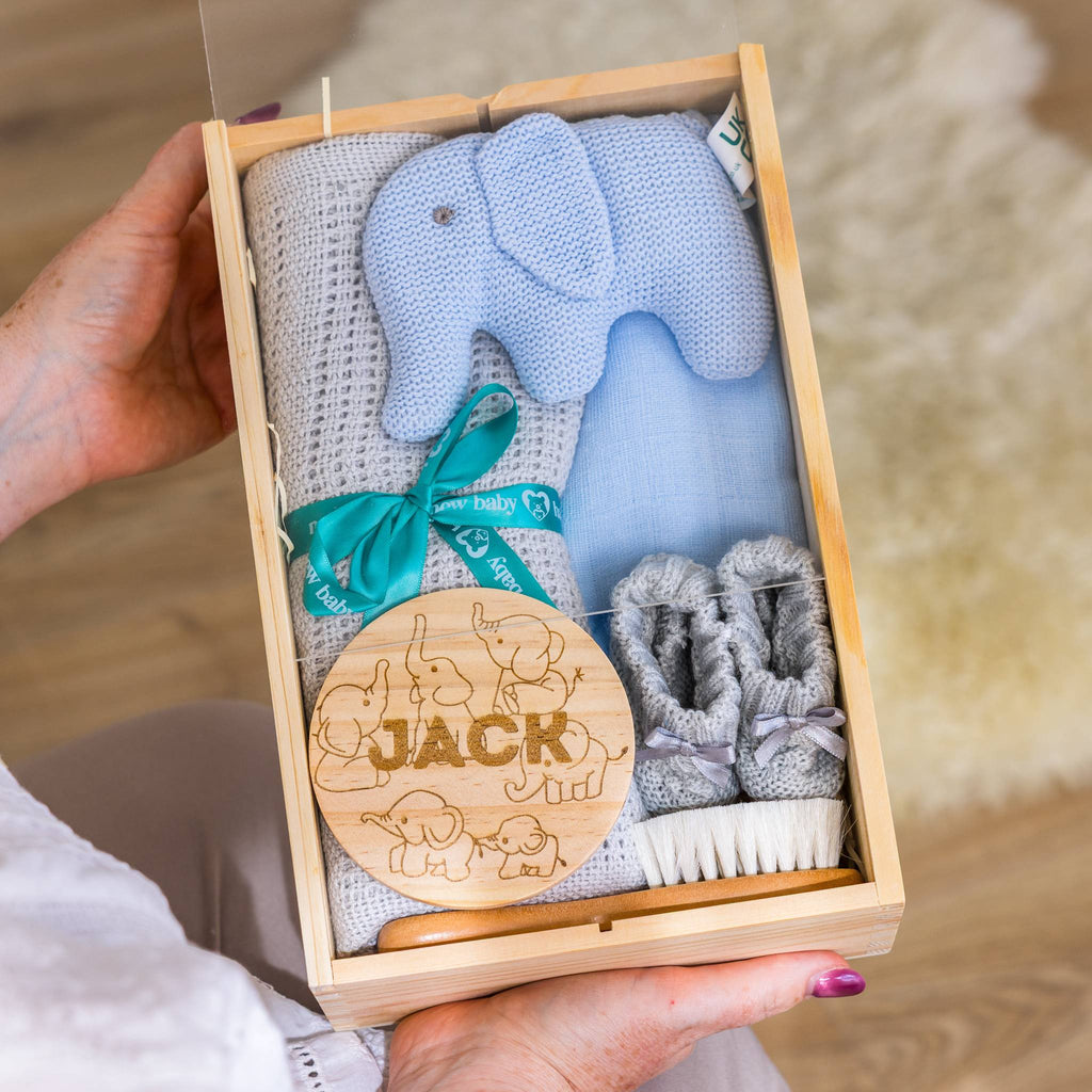 Blue Personalised Newborn Welcome Hamper - Blue Elephant Theme with Blanket &... – Blue