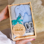 Blue Personalised Newborn Welcome Hamper - Blue Elephant Theme with Blanket &... – Blue