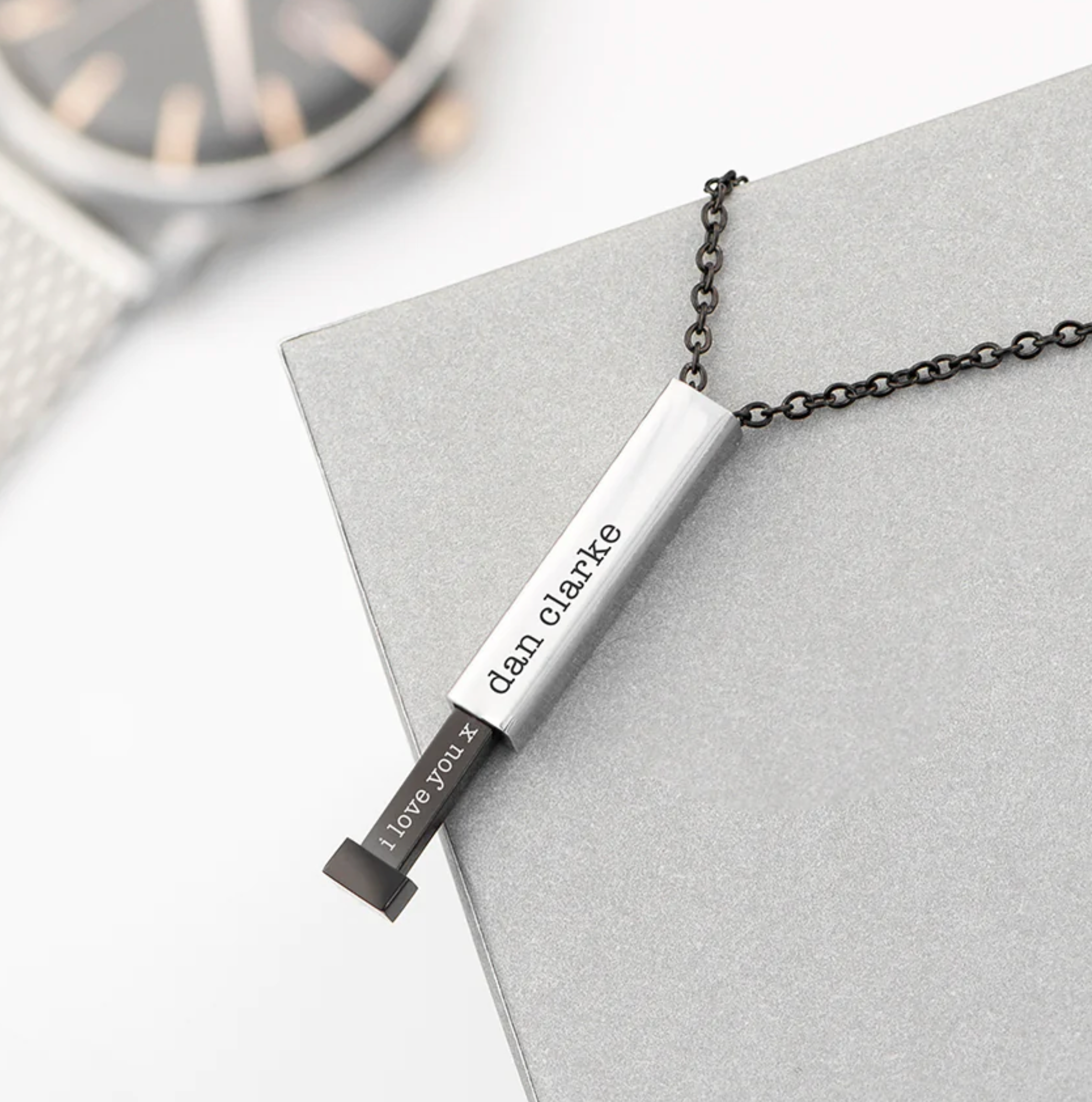 Personalised Black and Silver Square Hidden Message Men's Necklace