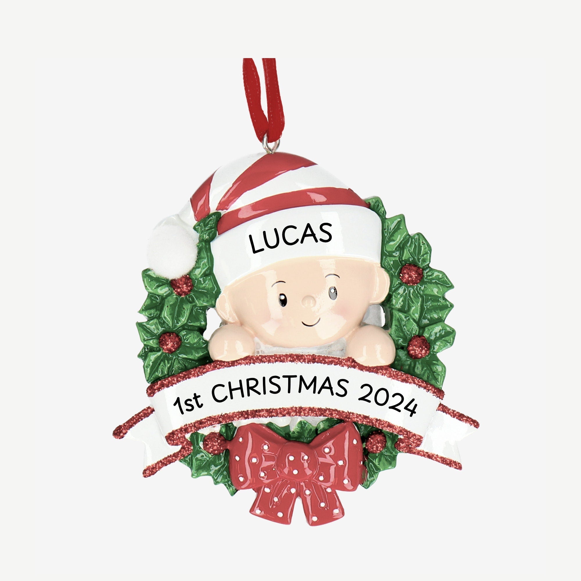 Baby 1st Christmas Bauble - Personalise with Name | Baby in a Wreath design | Christmas Decor