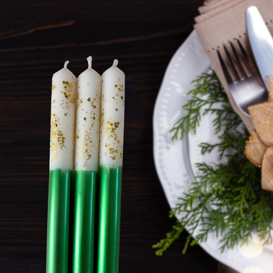 Green and Gold Glitter Dipped Hand Made Candles - Christmas Theme - Pair Main image