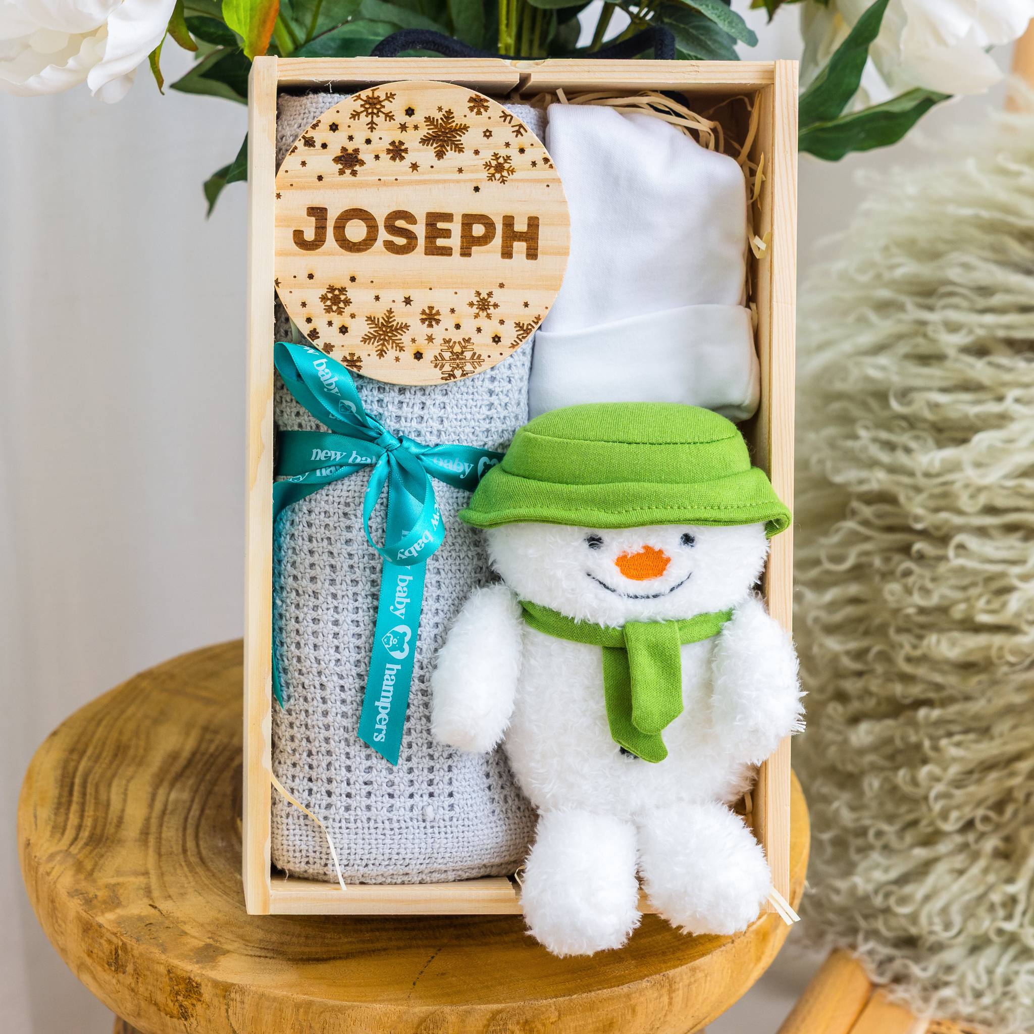 Baby Snowman Personalised Christmas Hamper Gift with Blanket & Keepsake Disc - Grey - Baby Hamper