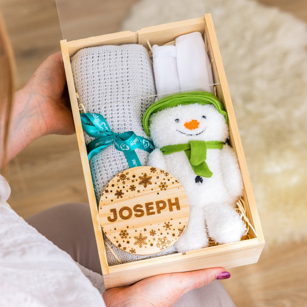 Baby Snowman Personalised Christmas Hamper Gift with Blanket & Keepsake Disc ... – Grey