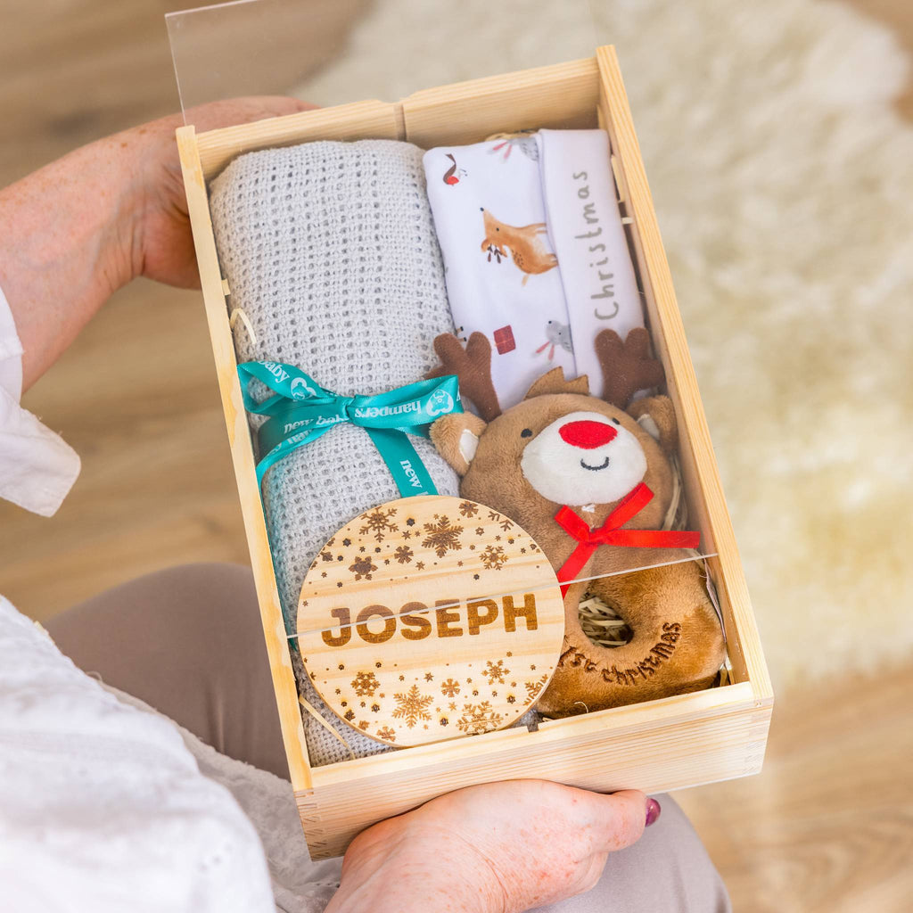 Baby's 1st Christmas Personalised Hamper Gift Set with Blanket & Keepsake Dis... – Grey