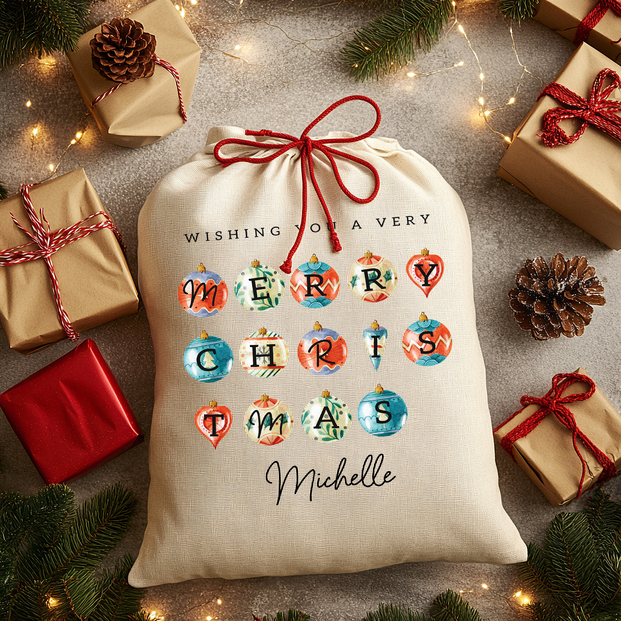 Personalised Christmas Sack - Bauble Design | Christmas Gift Bag | Small/Large Main image