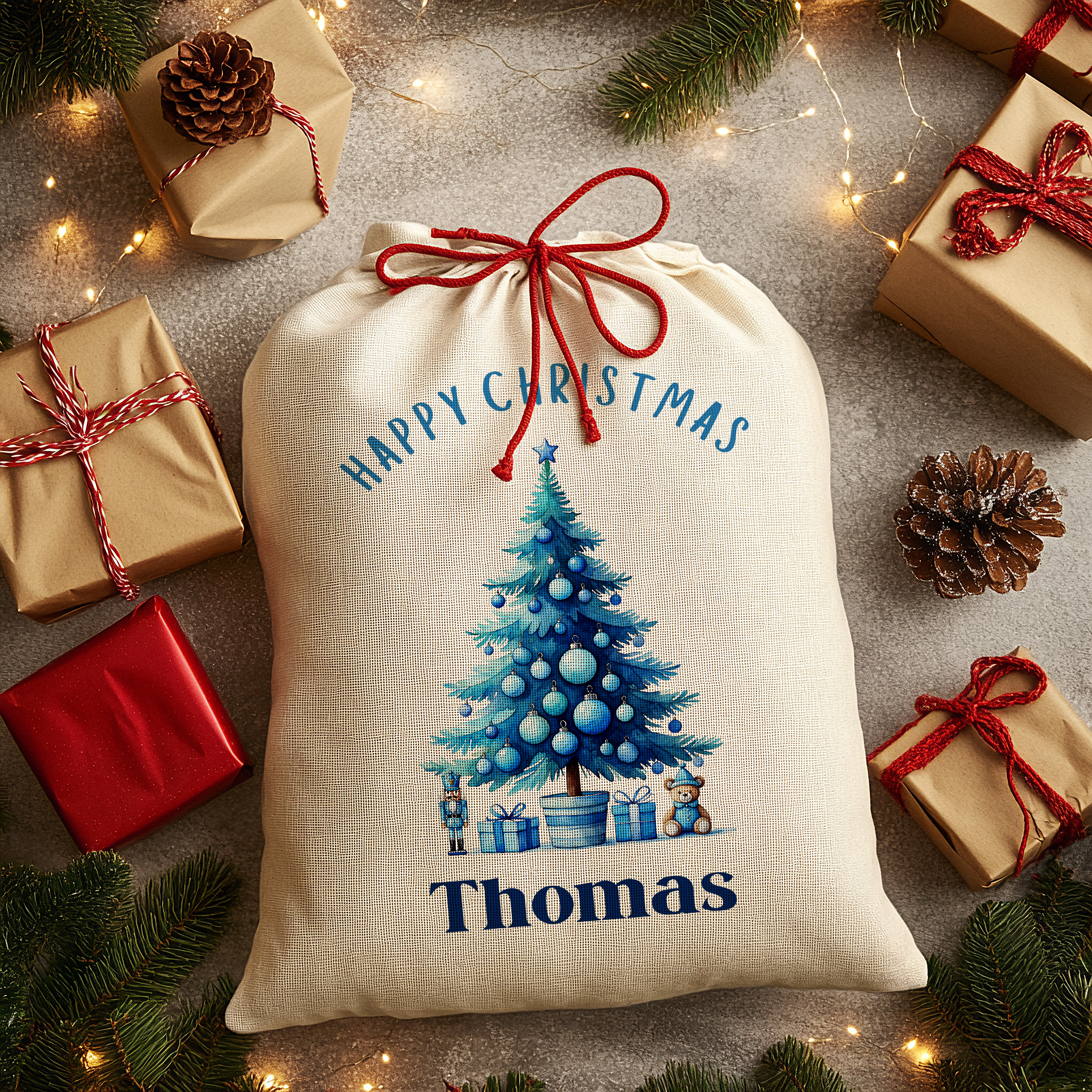 Personalised Christmas Sack - Blue Tree | Christmas Toy Sack | Christmas Stocking |  Small/Large Main image