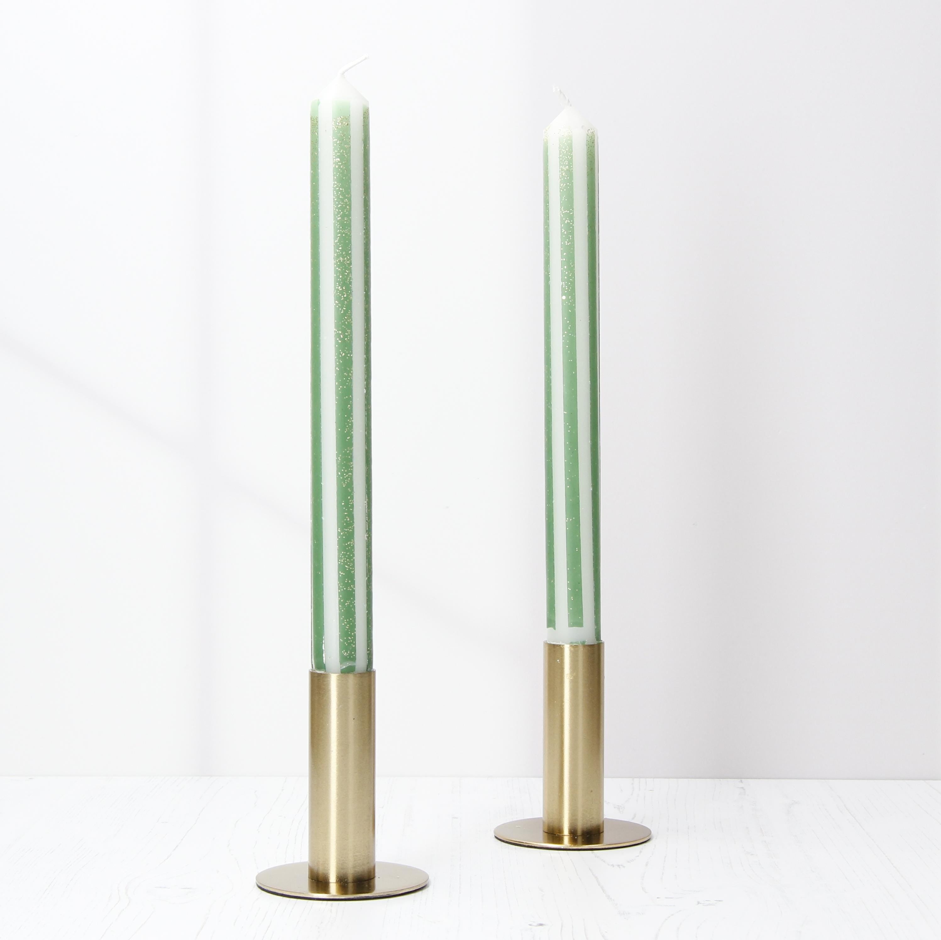 Green and Gold Pinstripe Hand Made Candles - Christmas Theme - Pair Main image