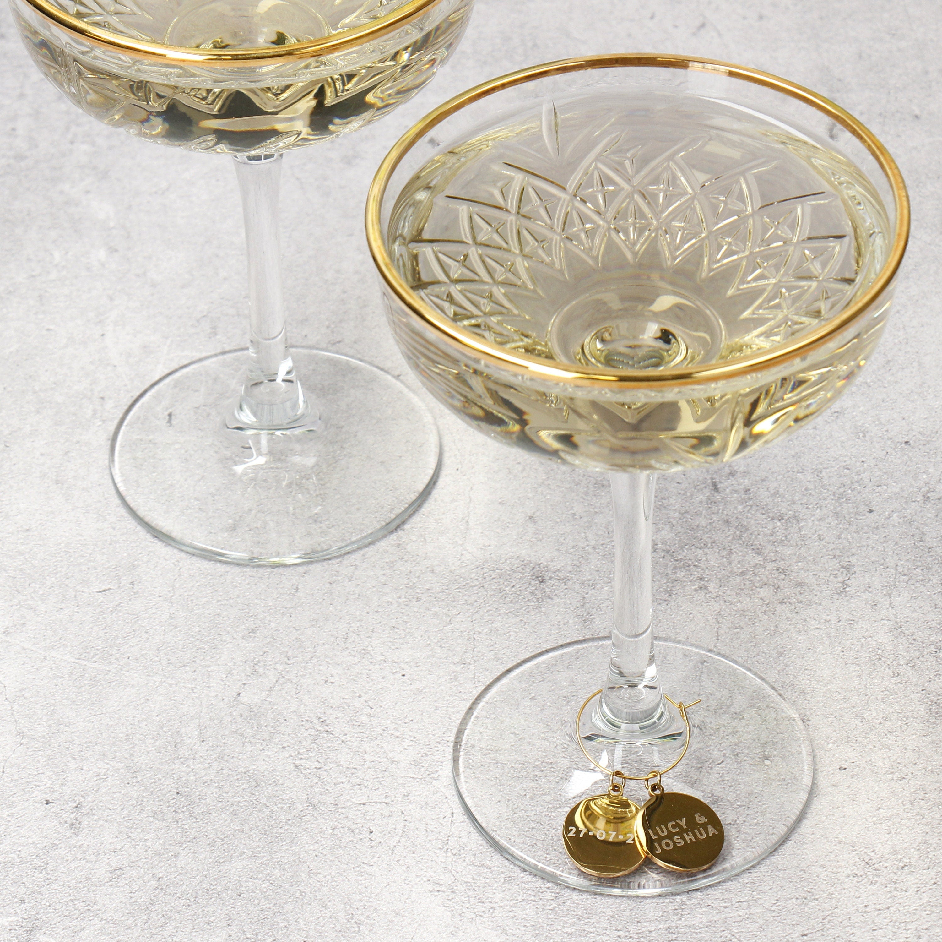 Hand Made Gold Champagne Glasses with Engraved Charms - 1 Glass